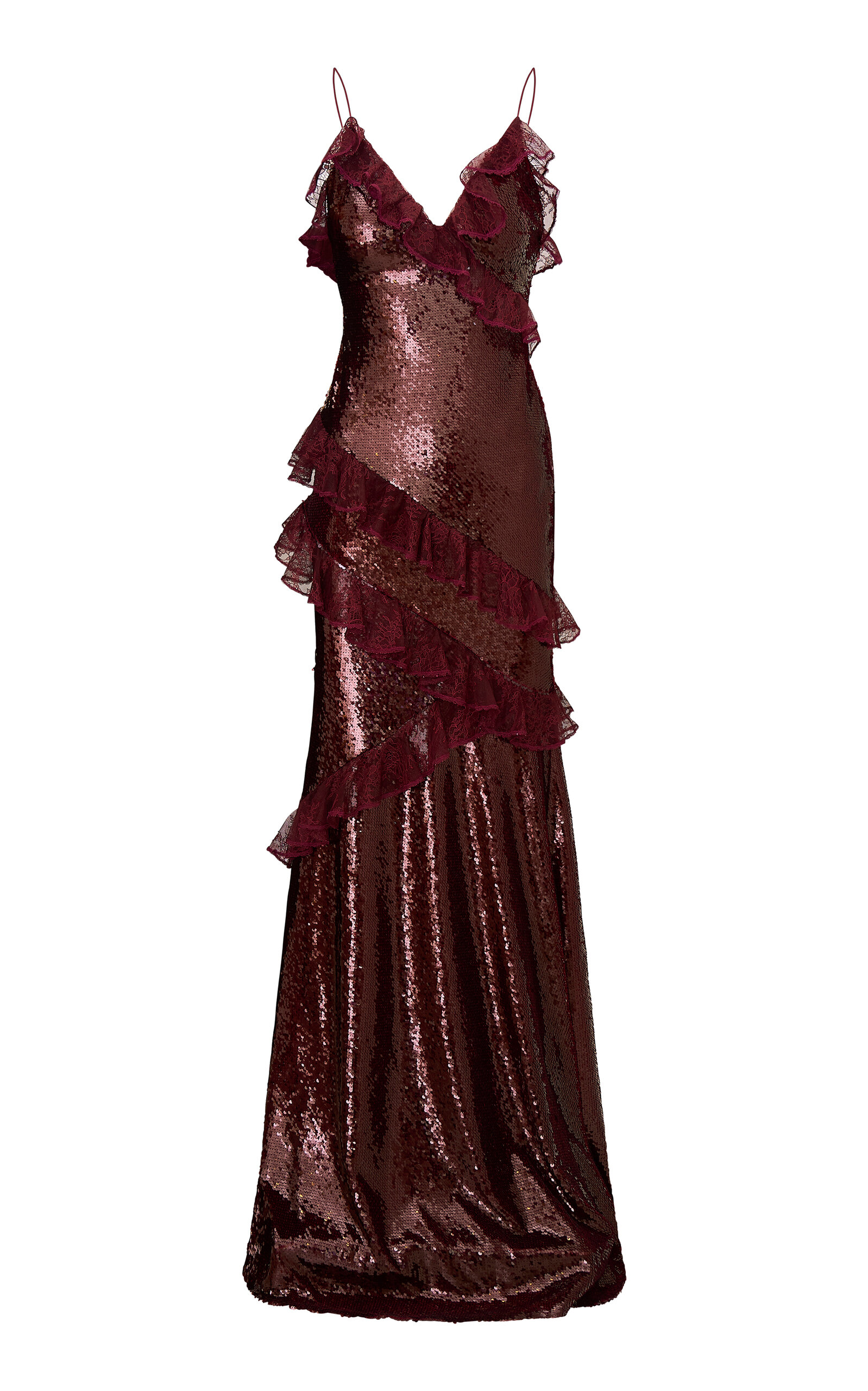 Loveshackfancy Rialto Ruffled Lace-trimmed Sequined Maxi Dress In Burgundy