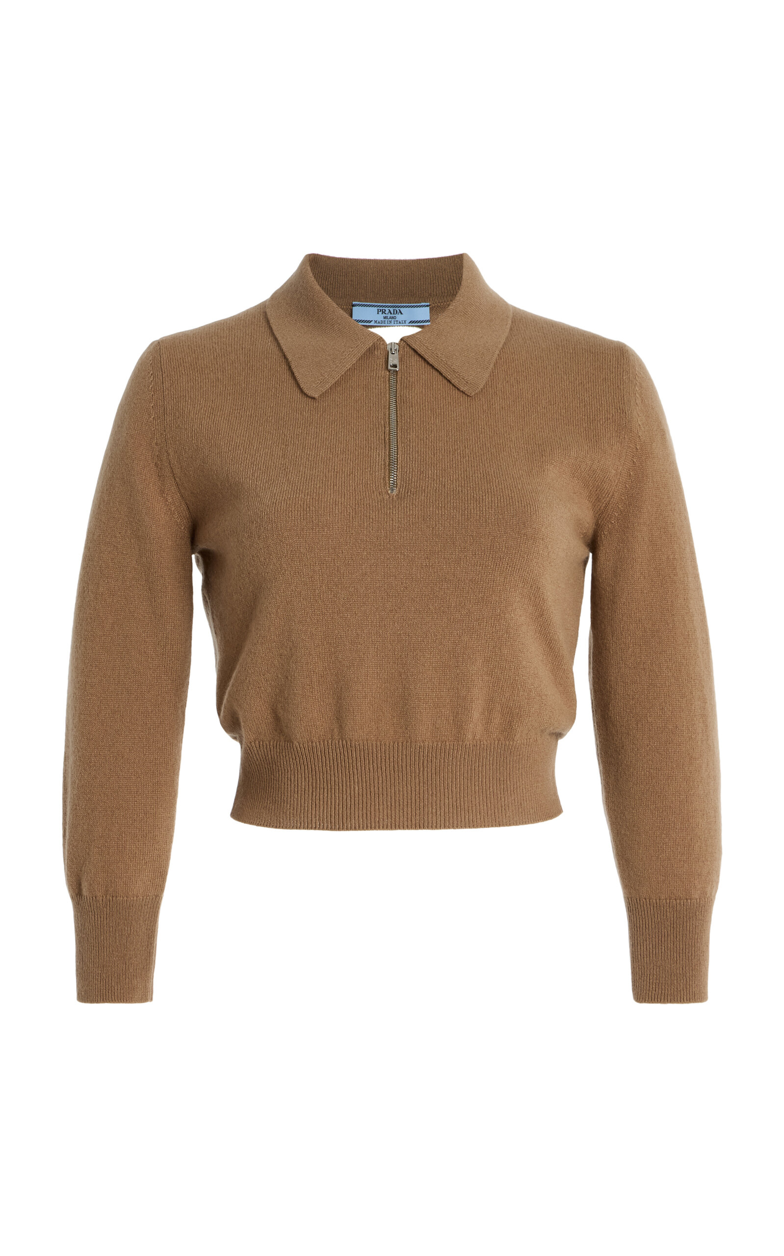 Prada Cutout Cropped Cashmere Polo Sweater In Brown