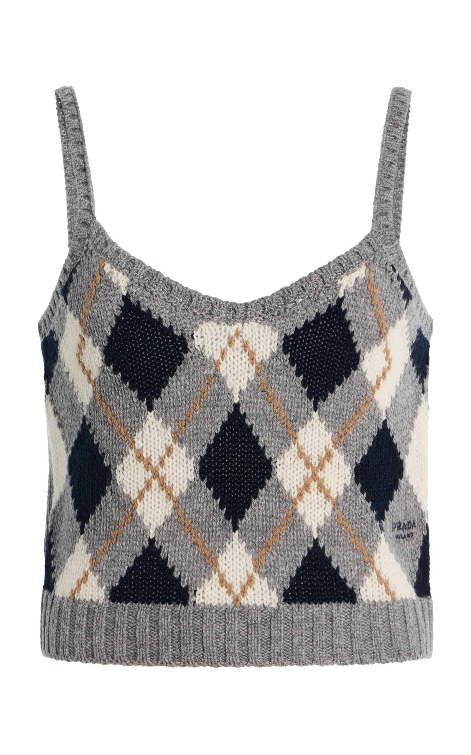 Prada Cropped Argyle Knit Wool Tank Top In Gray