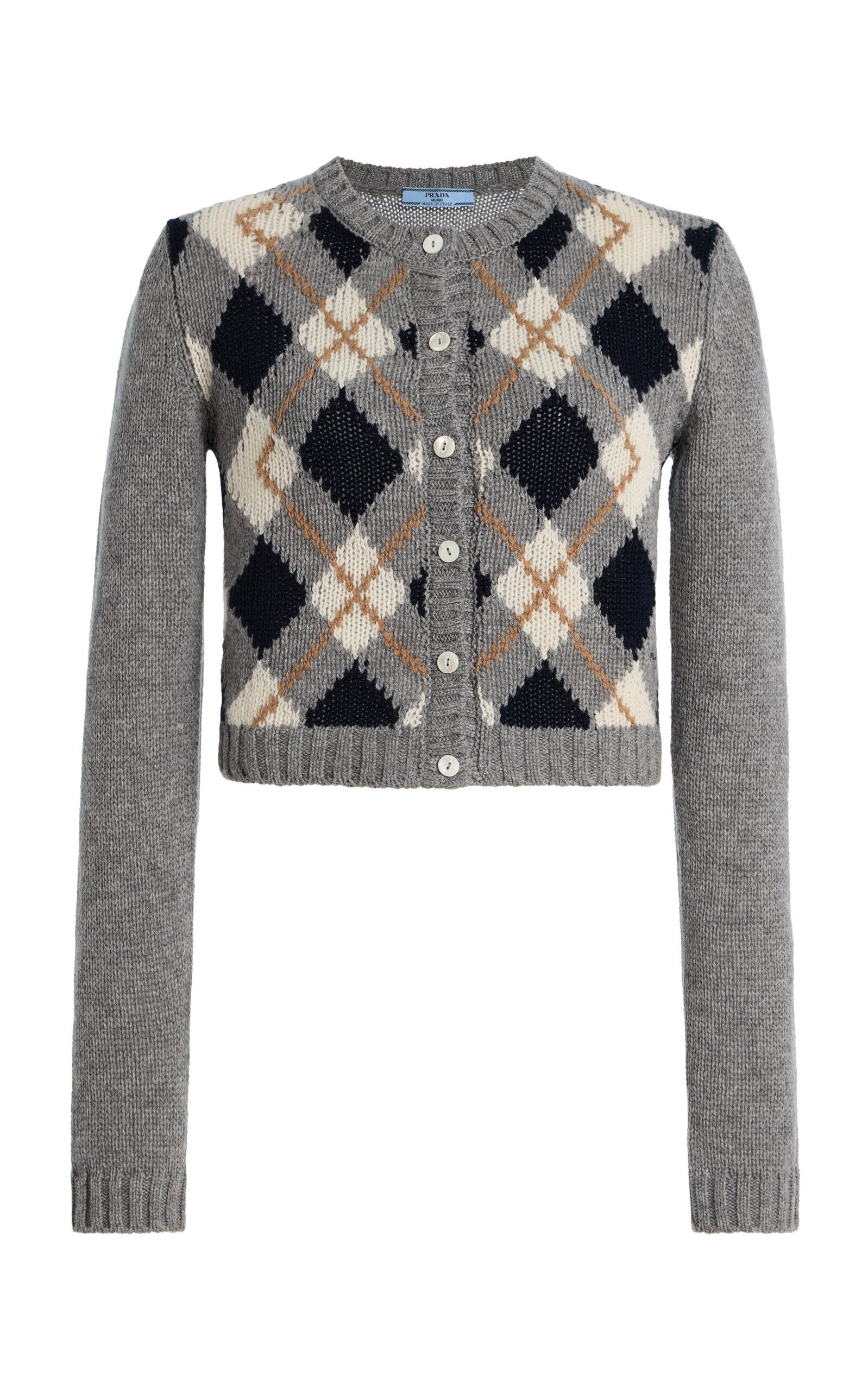 Prada Cashmere Argyle Crewneck Cardigan In Multi
