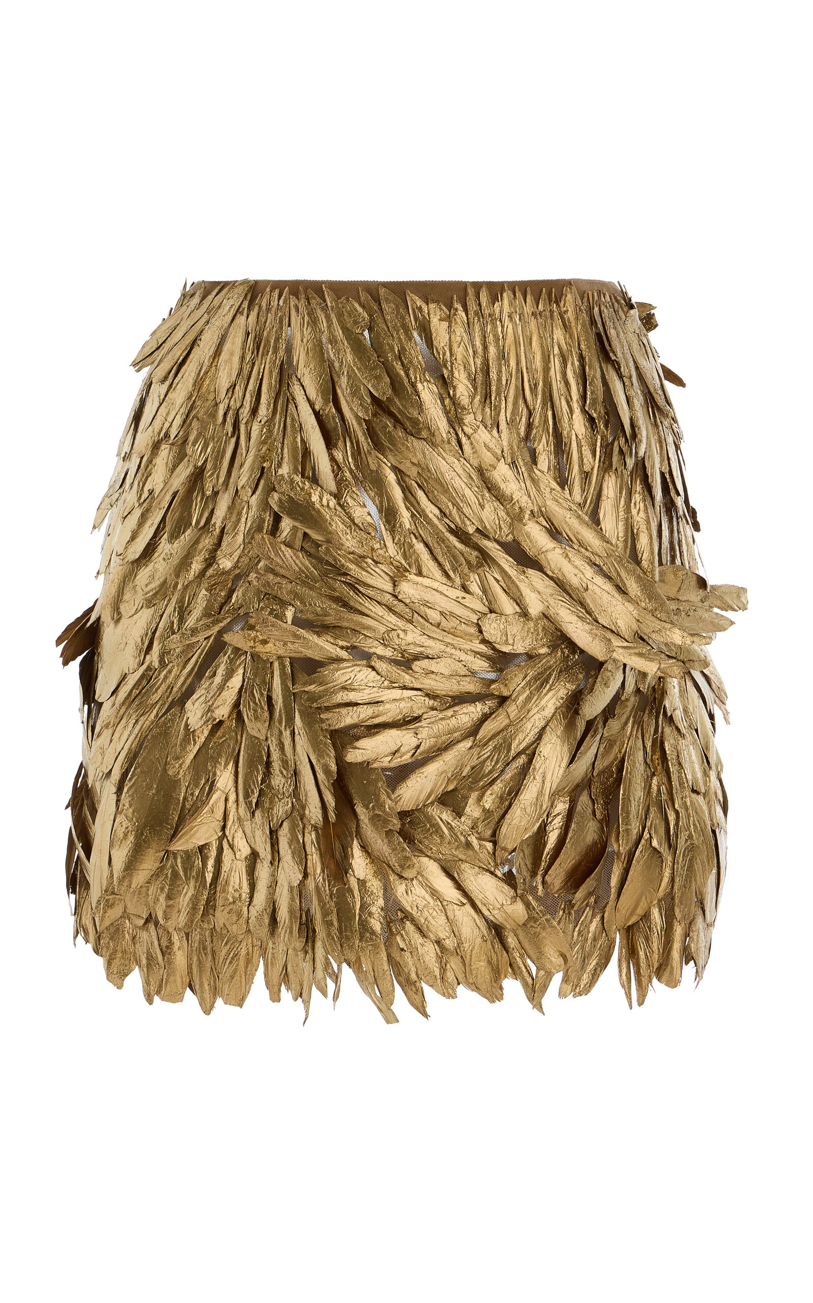 Oscar De La Renta Hand-painted Feather-embellished Tulle Mini Skirt In Gold