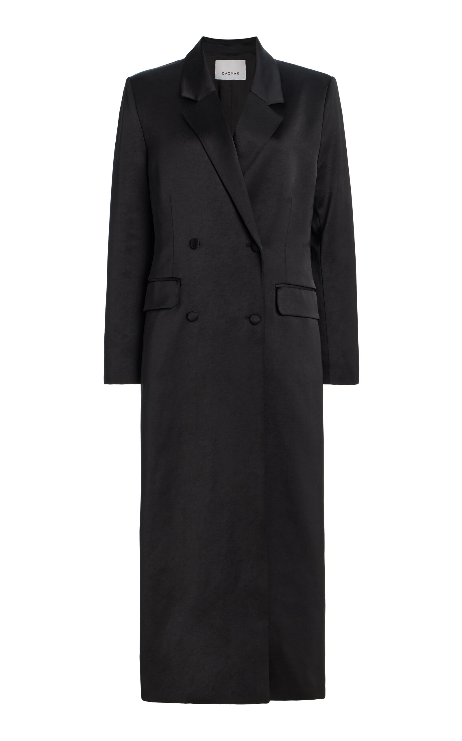House of Dagmar Double-Breasted Long Satin Blazer - Black