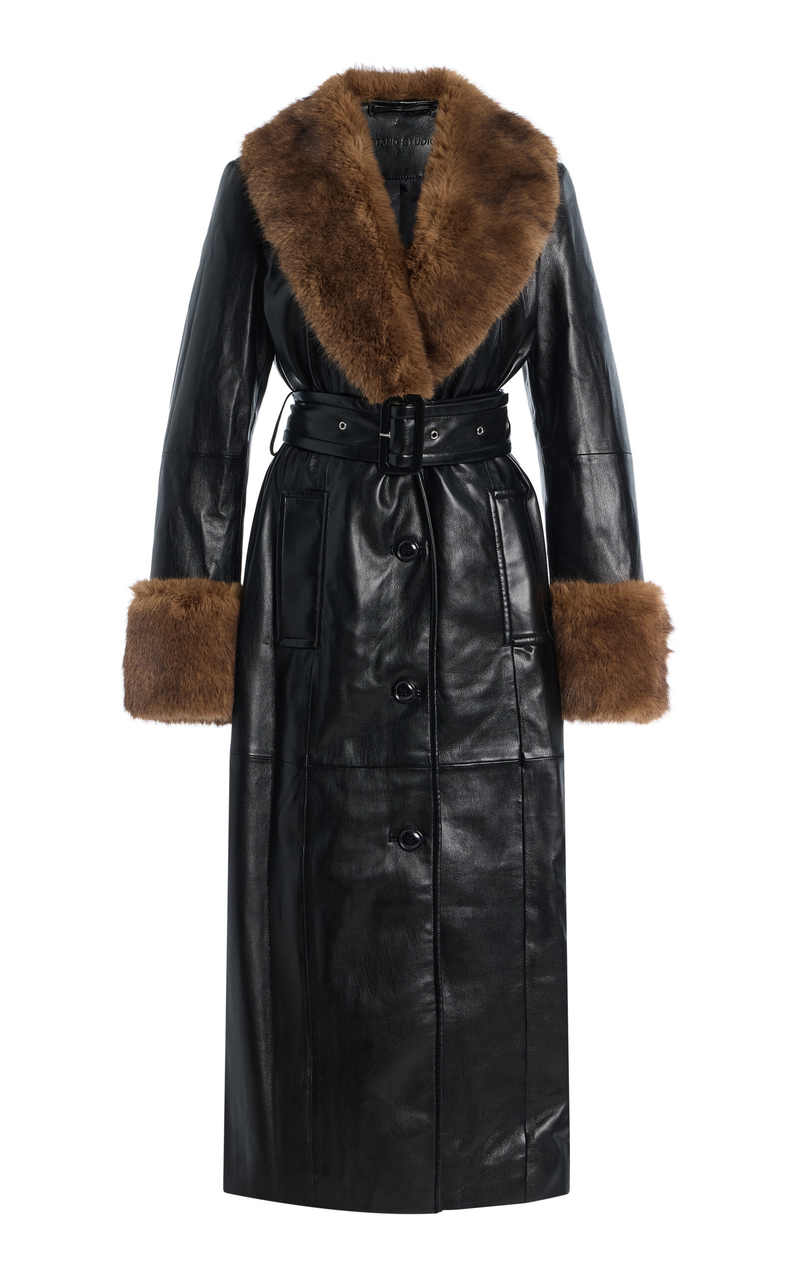 Stand Studio Estella Faux Shearling-trimmed Vegan Leather Coat In Brown