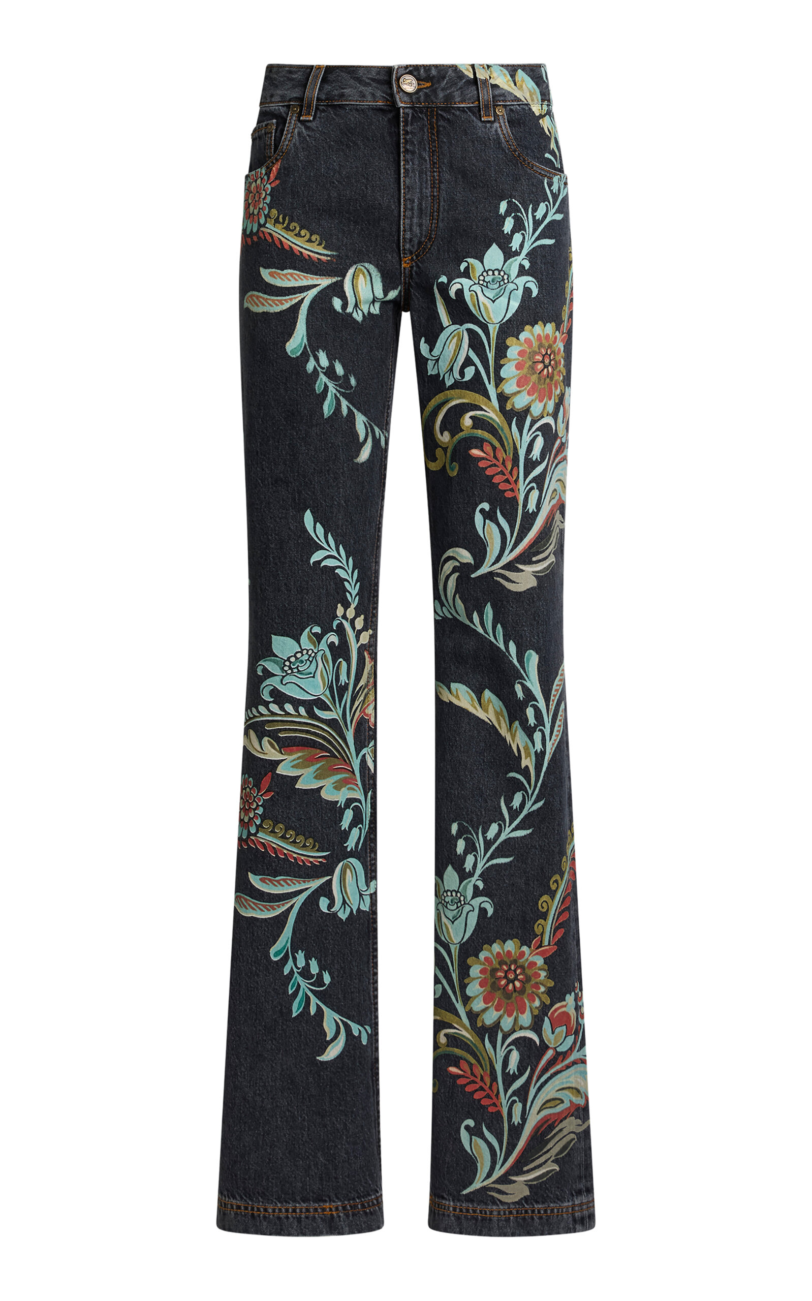 Etro Hand-painted Denim Flared Jeans In Dark Wash