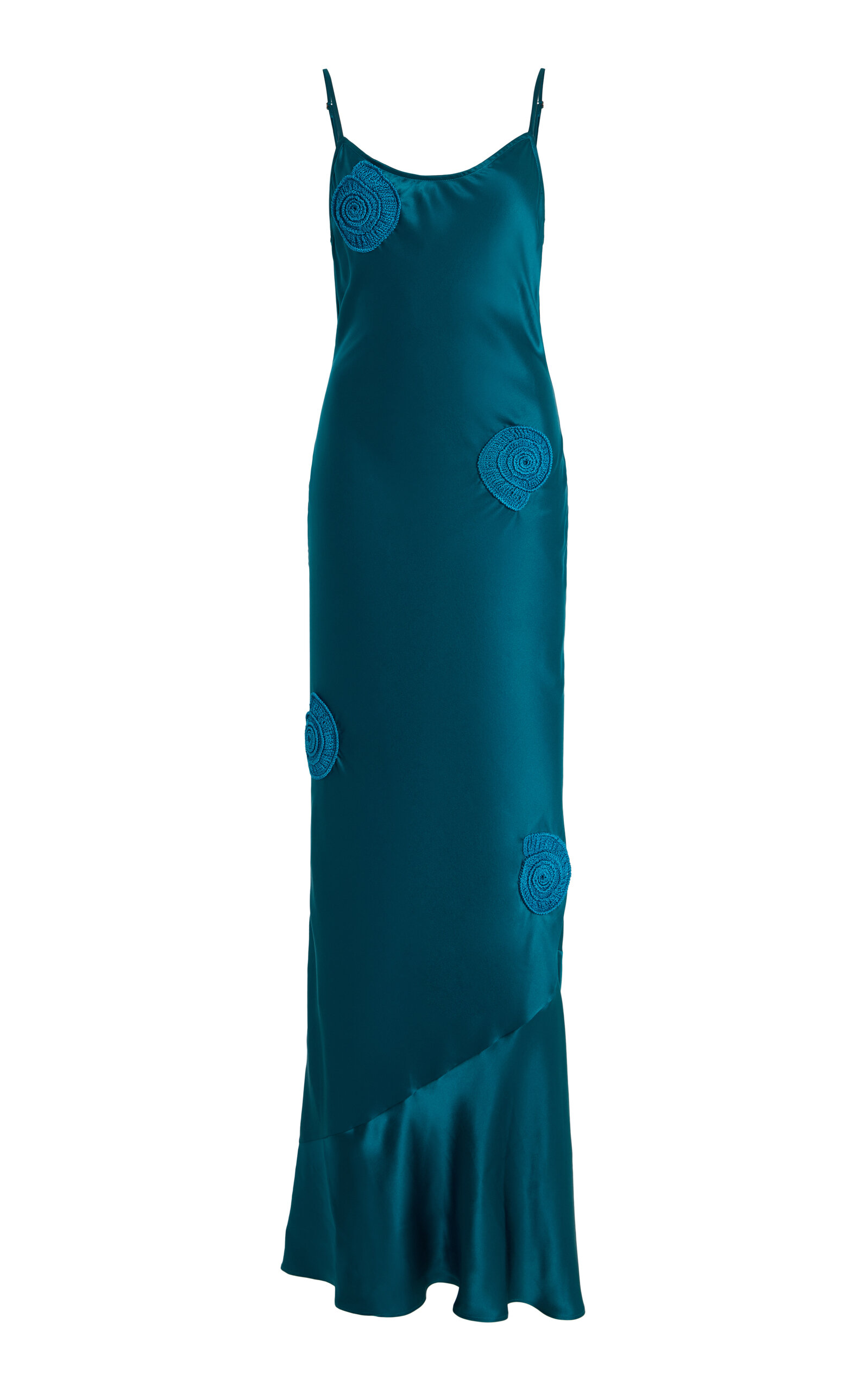 Nia Thomas Exclusive Aurelia Hand-crocheted Silk-charmeuse Maxi Slip Dress In Blue
