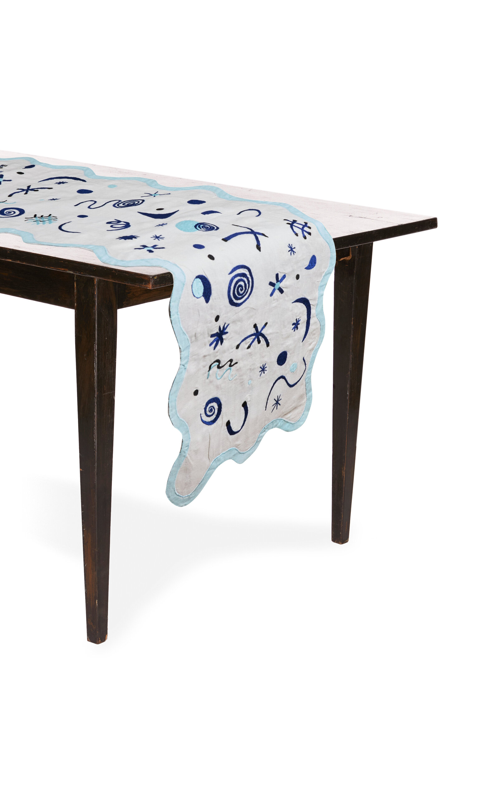 Misette Celestial Linen Embroidered Runner In Blue