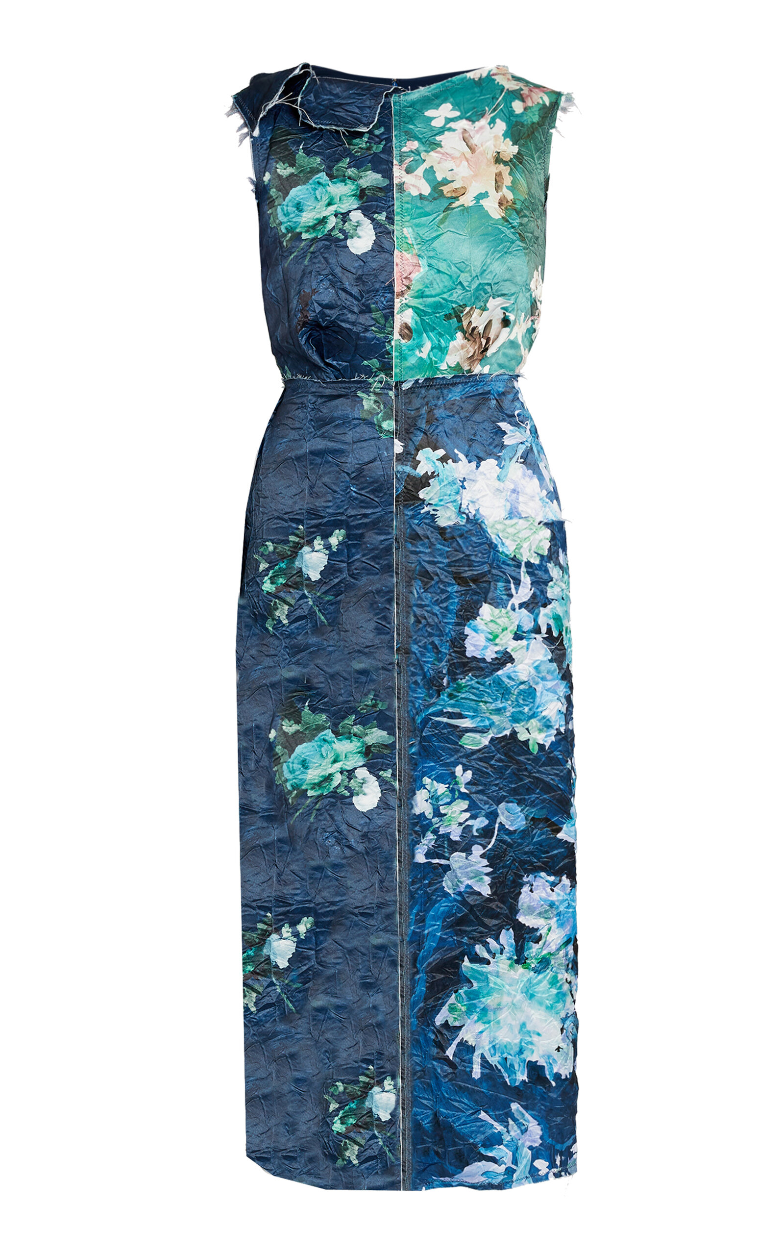 Erdem Frayed Floral-print Crinkled-satin Midi Dress In Navy