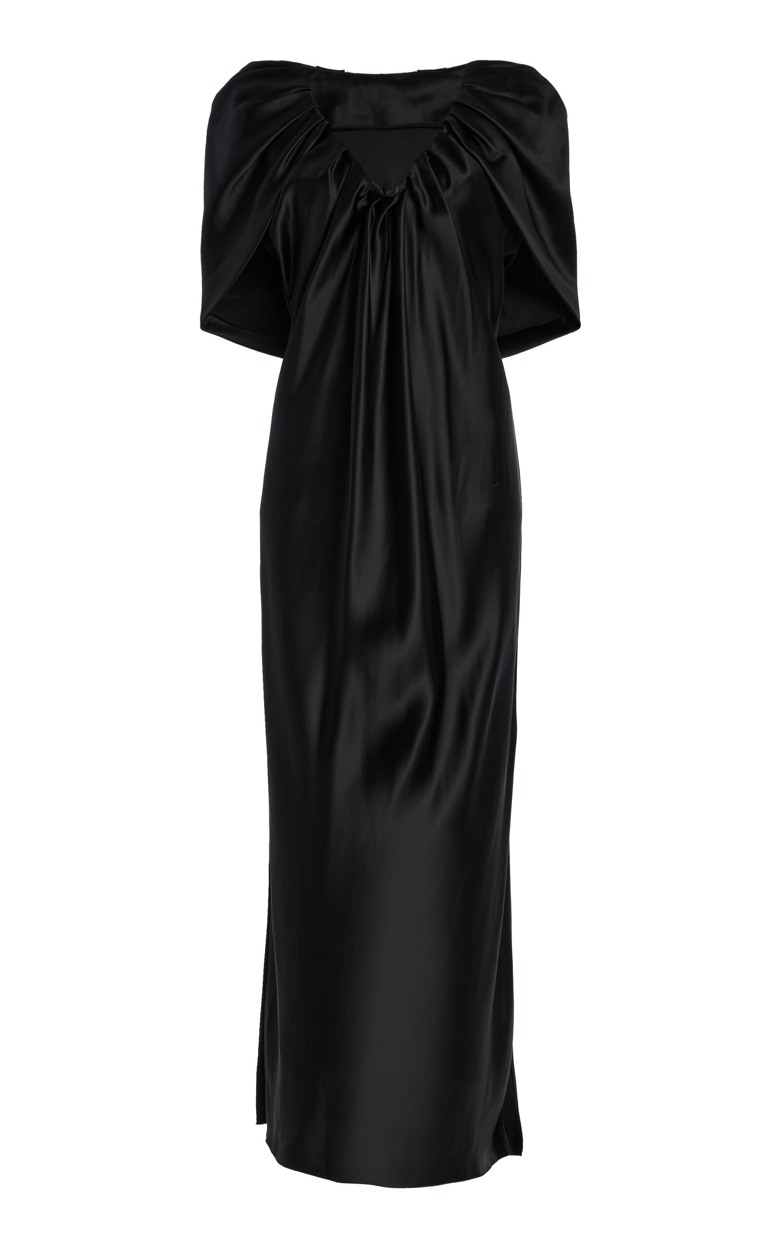 Marina Moscone Draped Satin Sheath Midi Dress