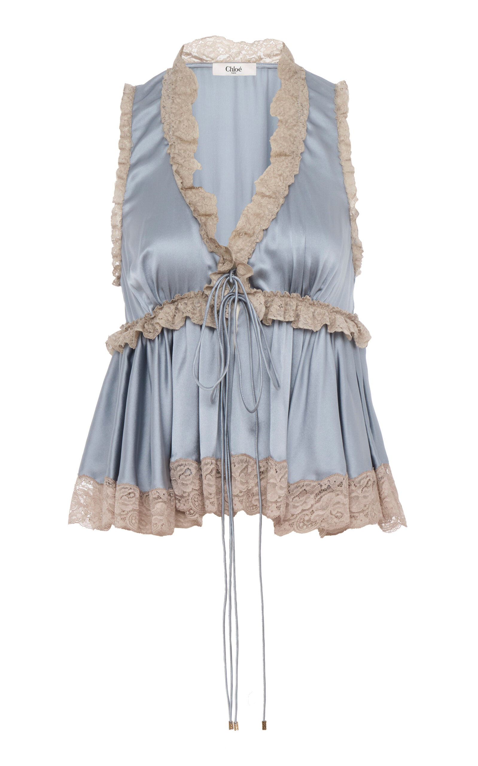 Chloé Lace-trimmed Silk Satin Top In Blue