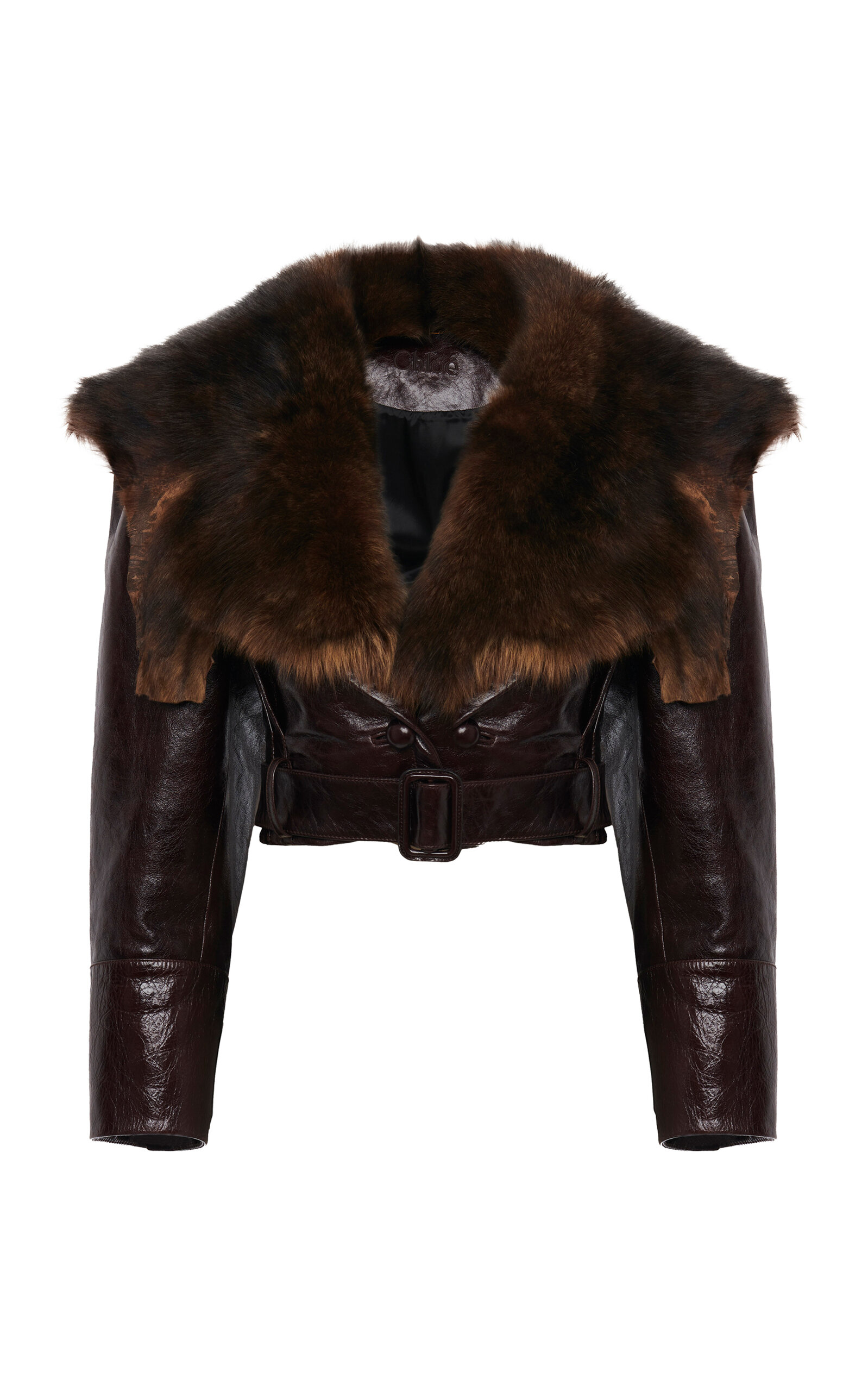 Chloé Cropped Shearling-trimmed Leather Jacket In Brown
