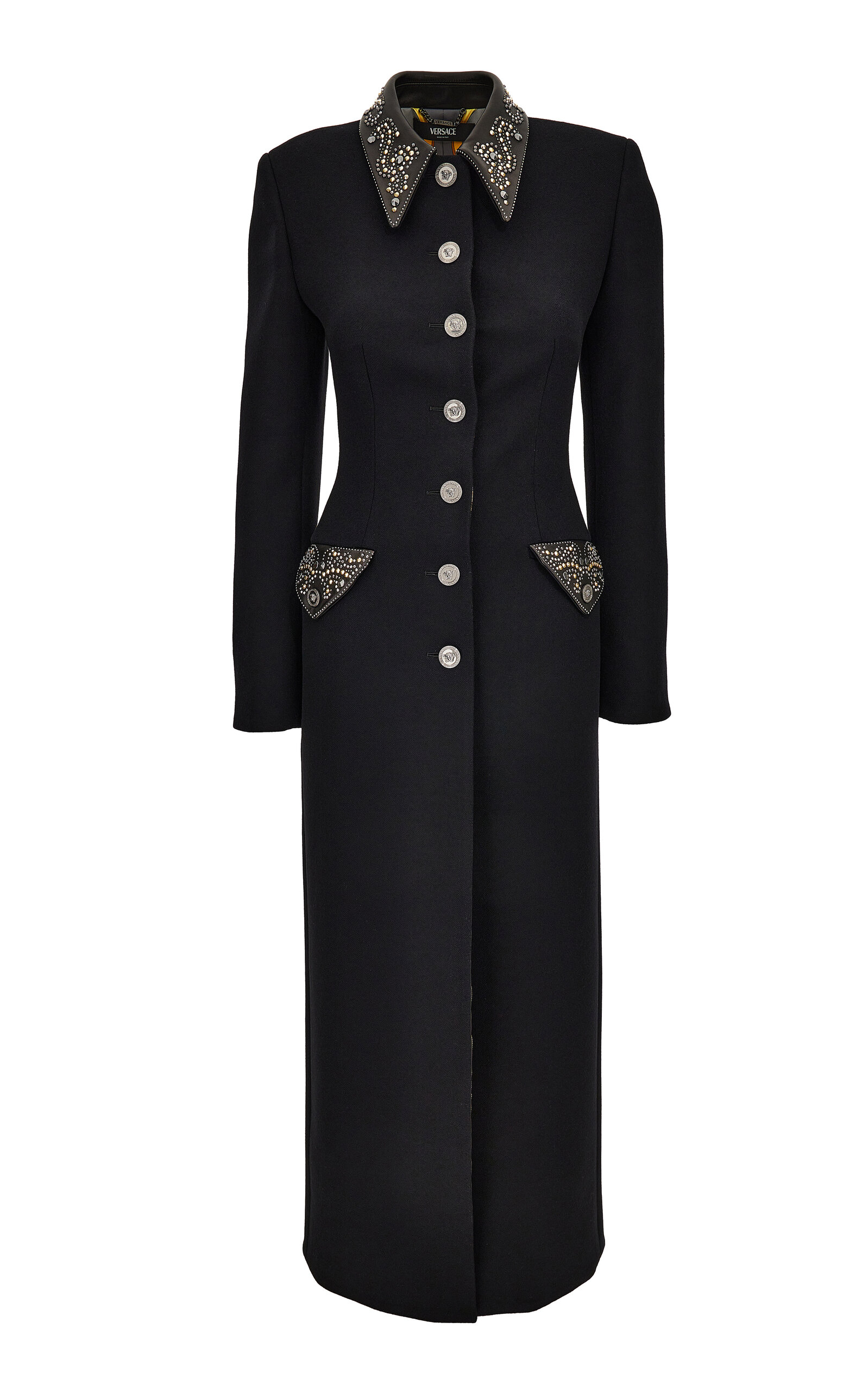 Versace Studded Felted Wool Coat - Black - Women's Clothing
