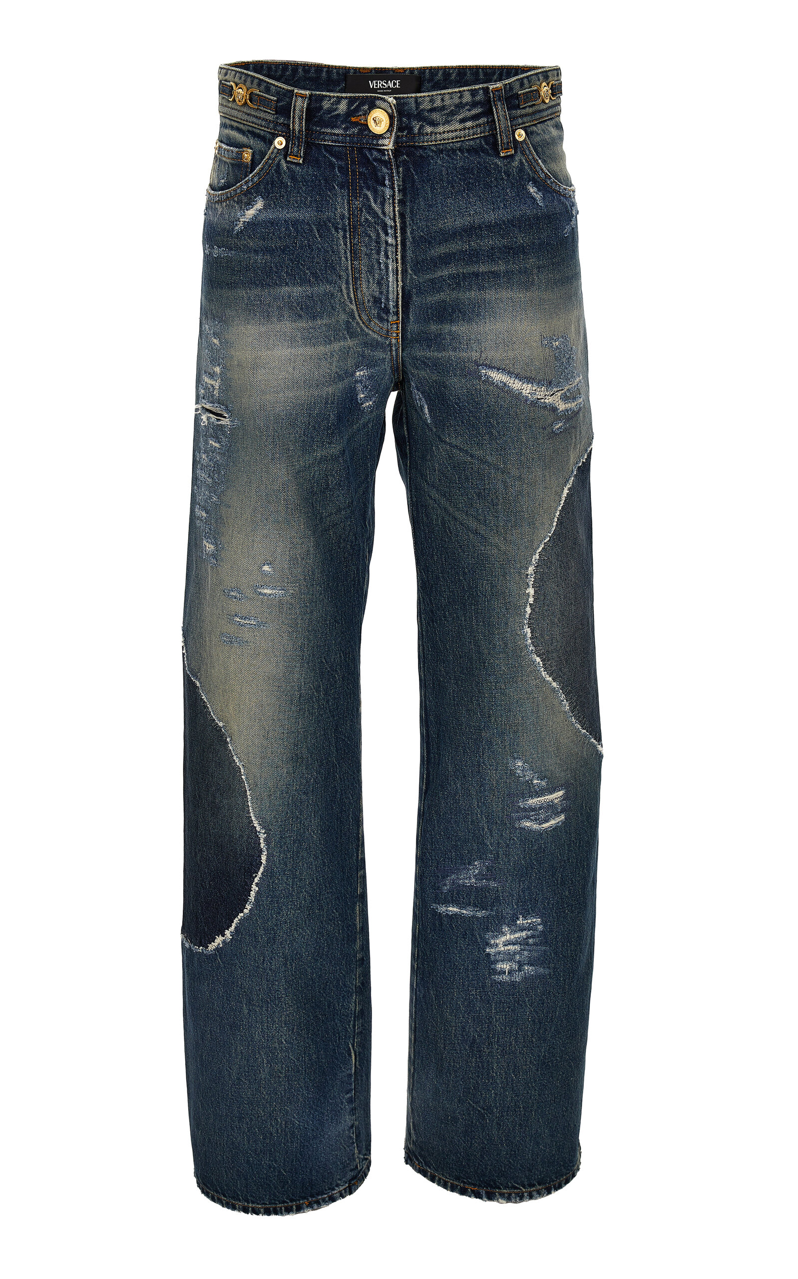 Versace Distressed Patchwork High-rise Wide-leg Jeans In Medium Wash