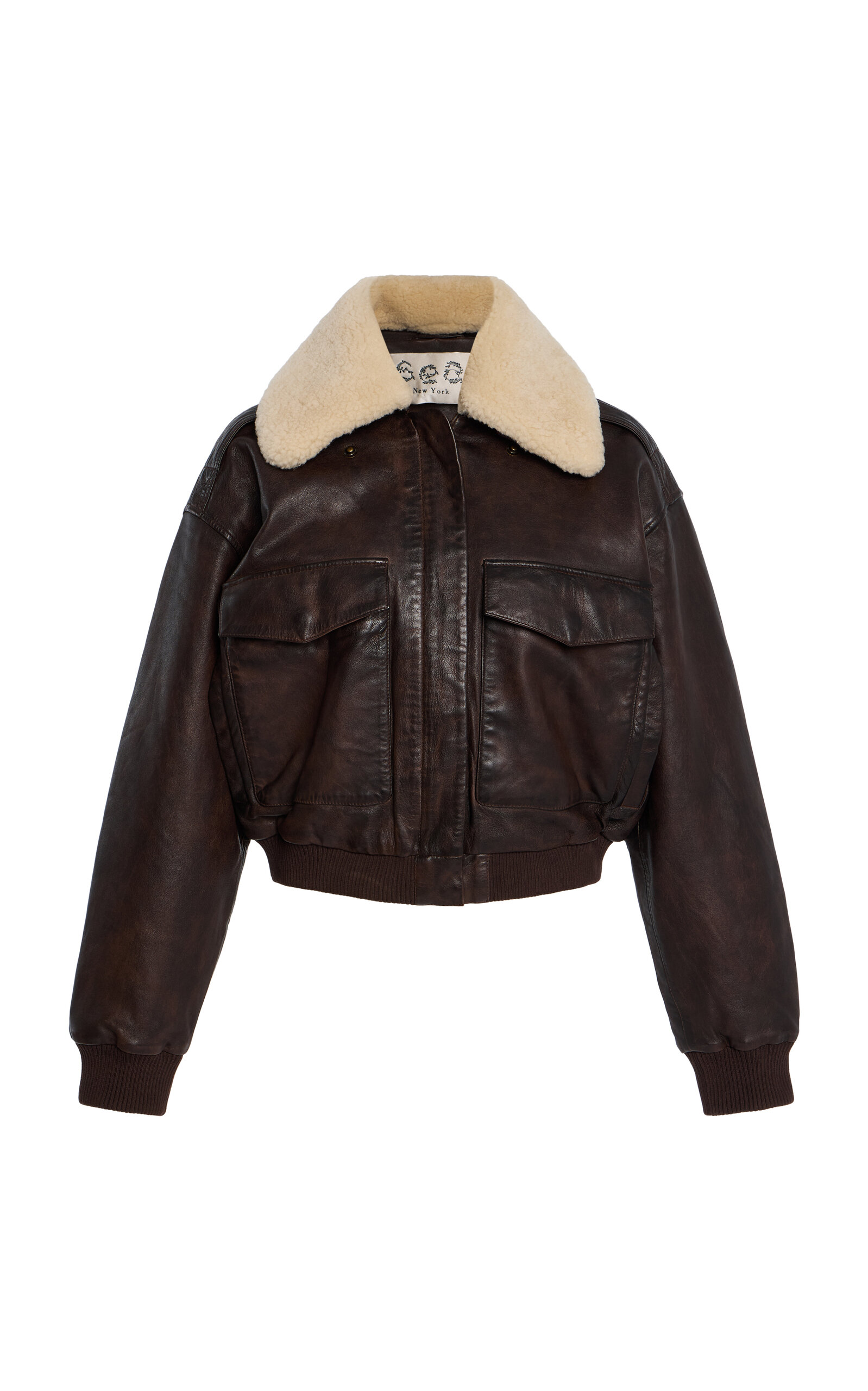 Sea Lenoir Shearling-Trimmed Leather Cropped Bomber Jacket