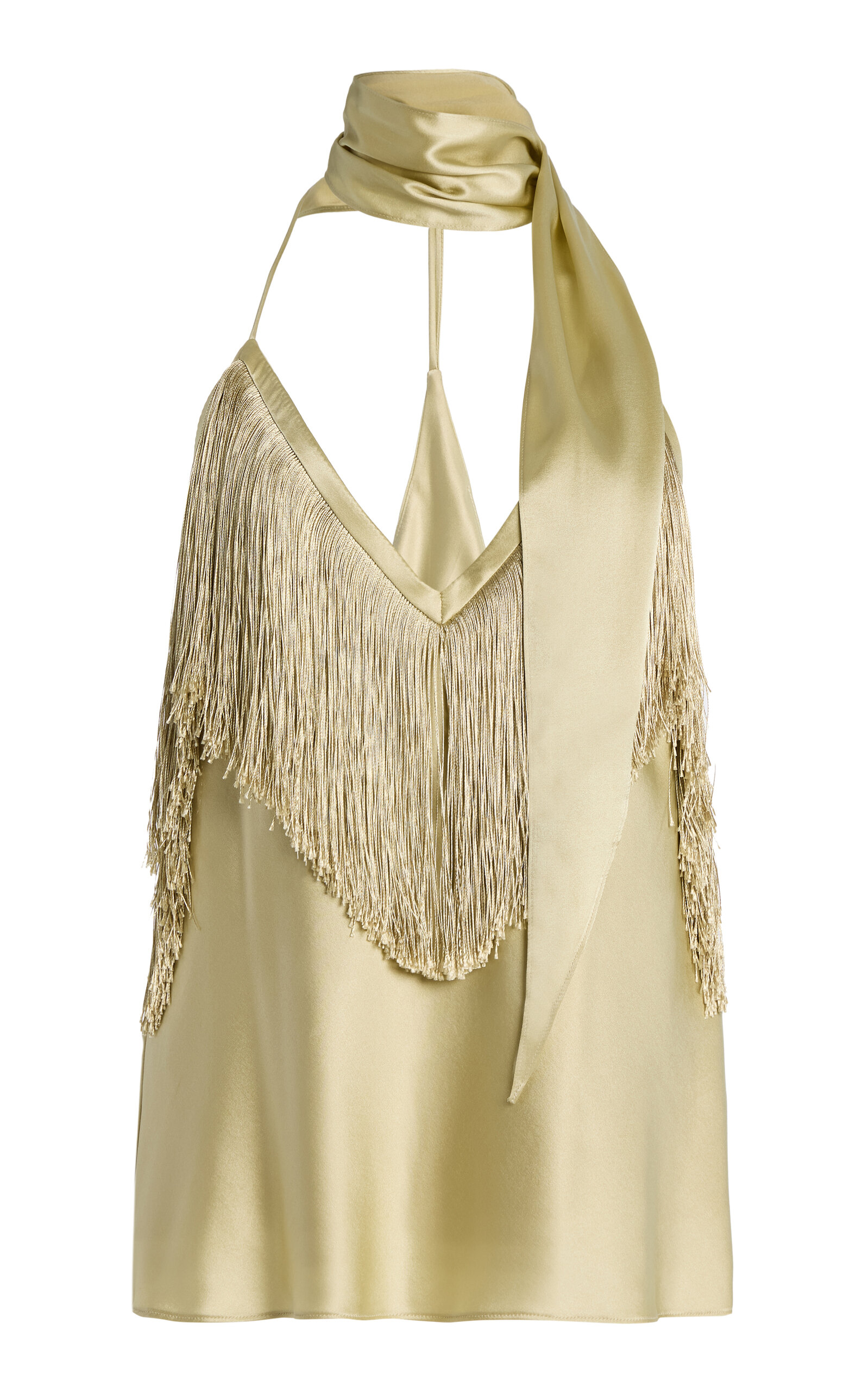 De La Vali Exclusive Sirocco Scarf-Neck Fringed Silk-Blend Satin Top