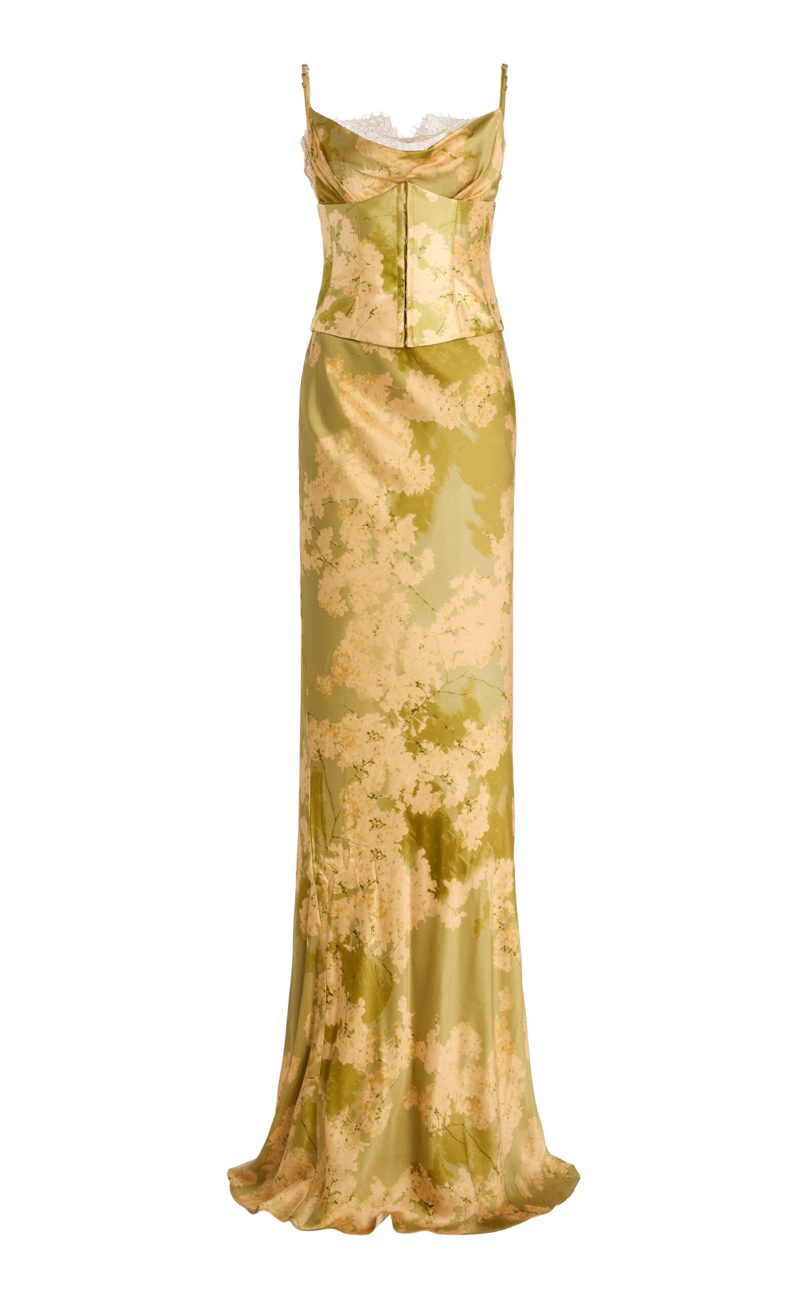 De La Vali Cleodora Corseted Silk-Blend Satin Maxi Dress