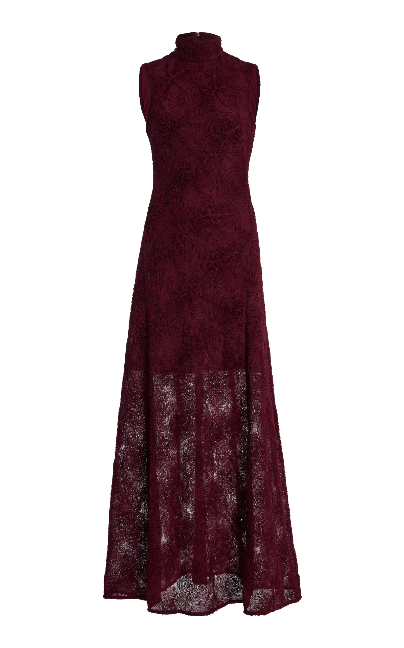 Rotate Birger Christensen Flared Tulle Dress With Intricate Rose Detailing In Burgundy