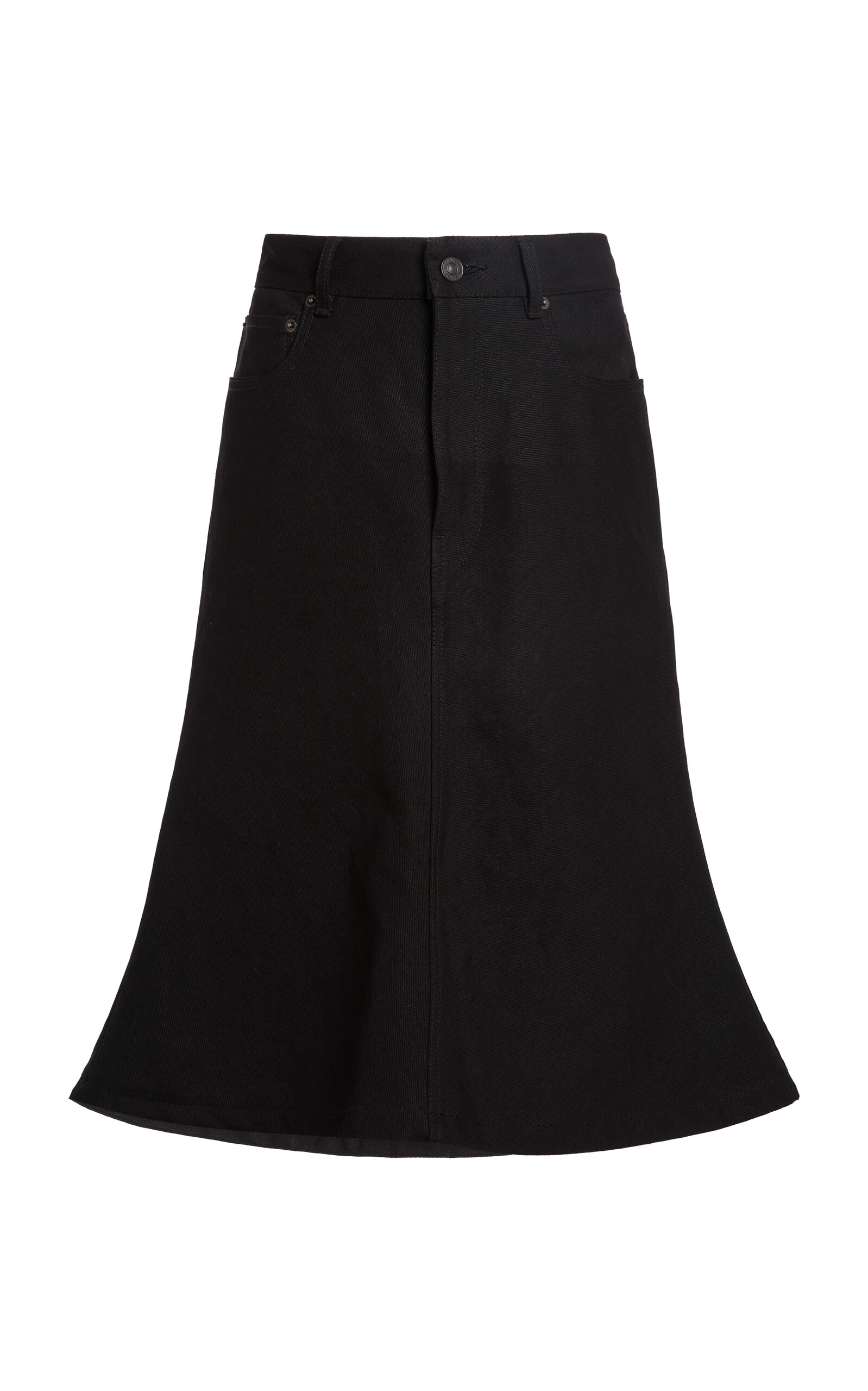 Balenciaga Flared Waxed Denim Midi Skirt In Black