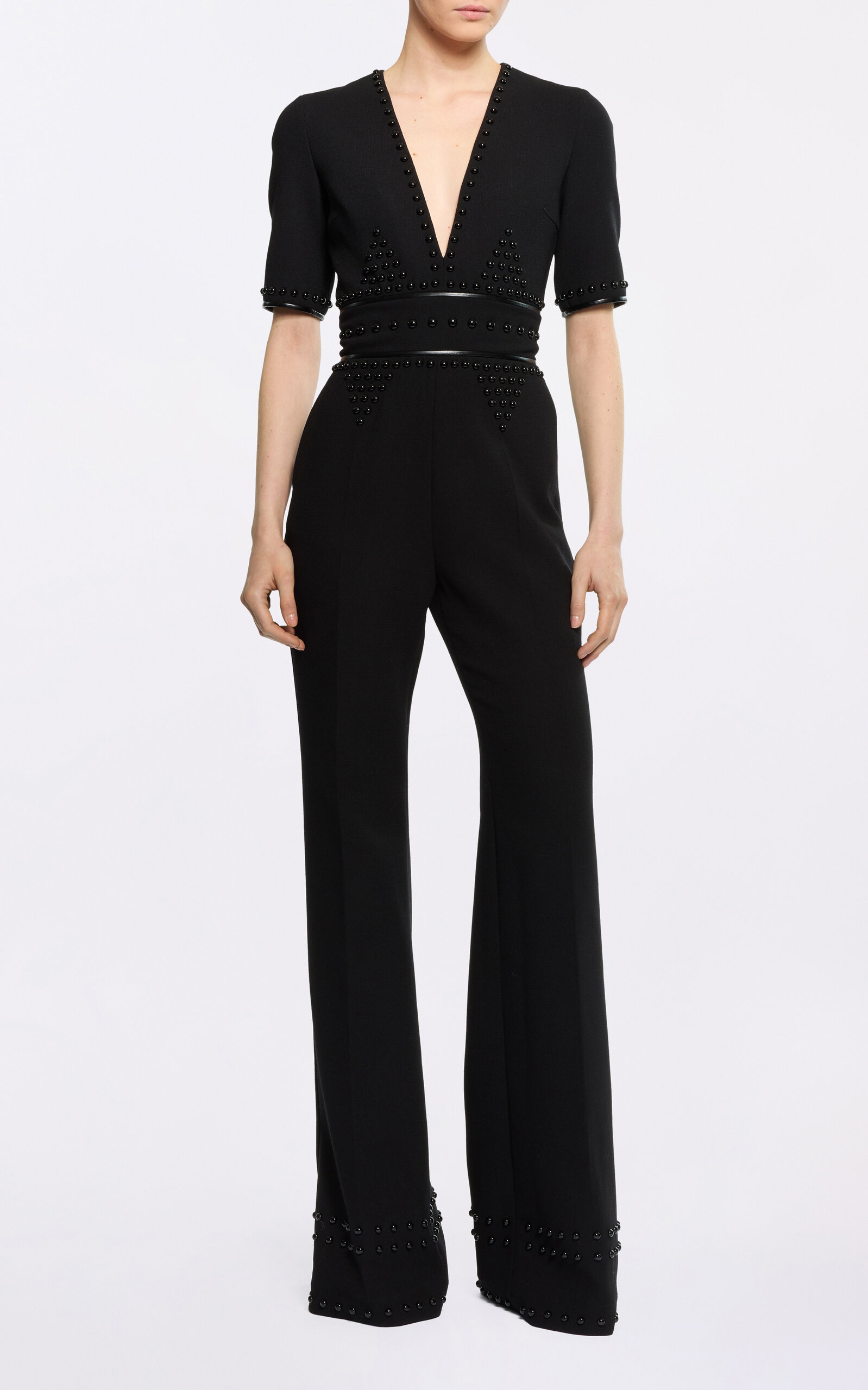 Elie Saab Embellished Wool & Leather Jumpsuit In Black