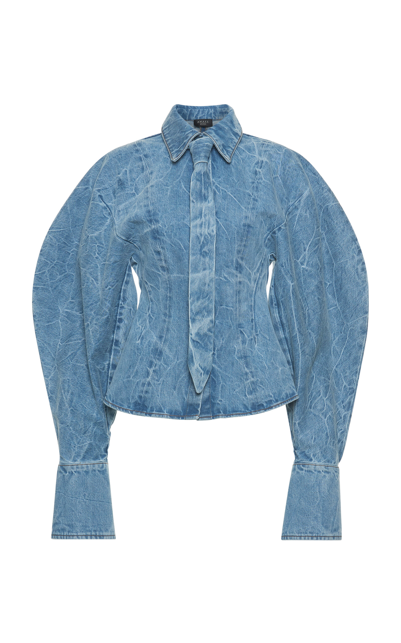 A.W.A.K.E. MODE Tie-Detailed Acid-Washed Denim Shirt