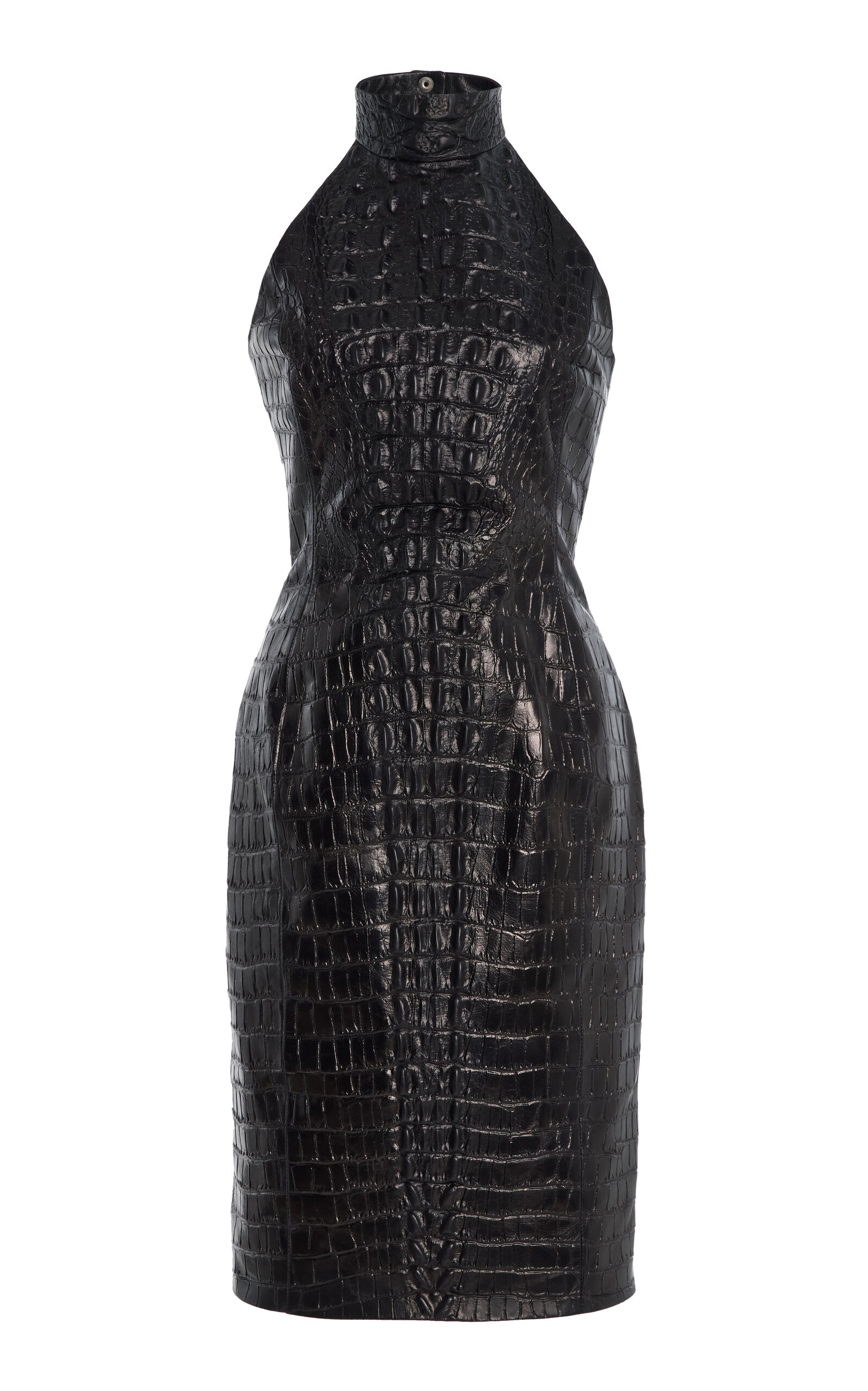 Balmain Croc-embossed Leather Midi Halter Dress In Black