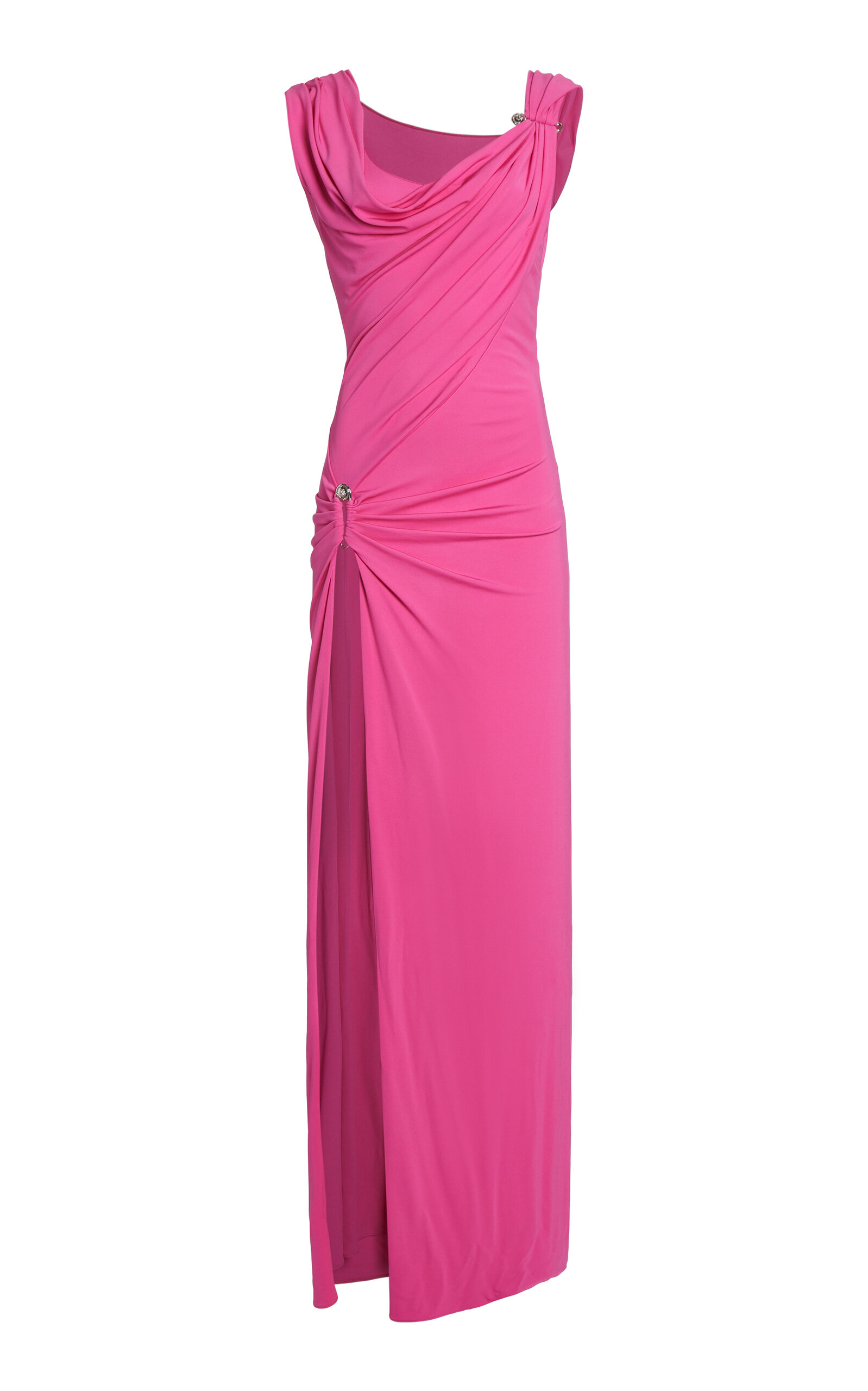 Versace Safety-pin Draped Crepe Jersey Slit Gown In Pink