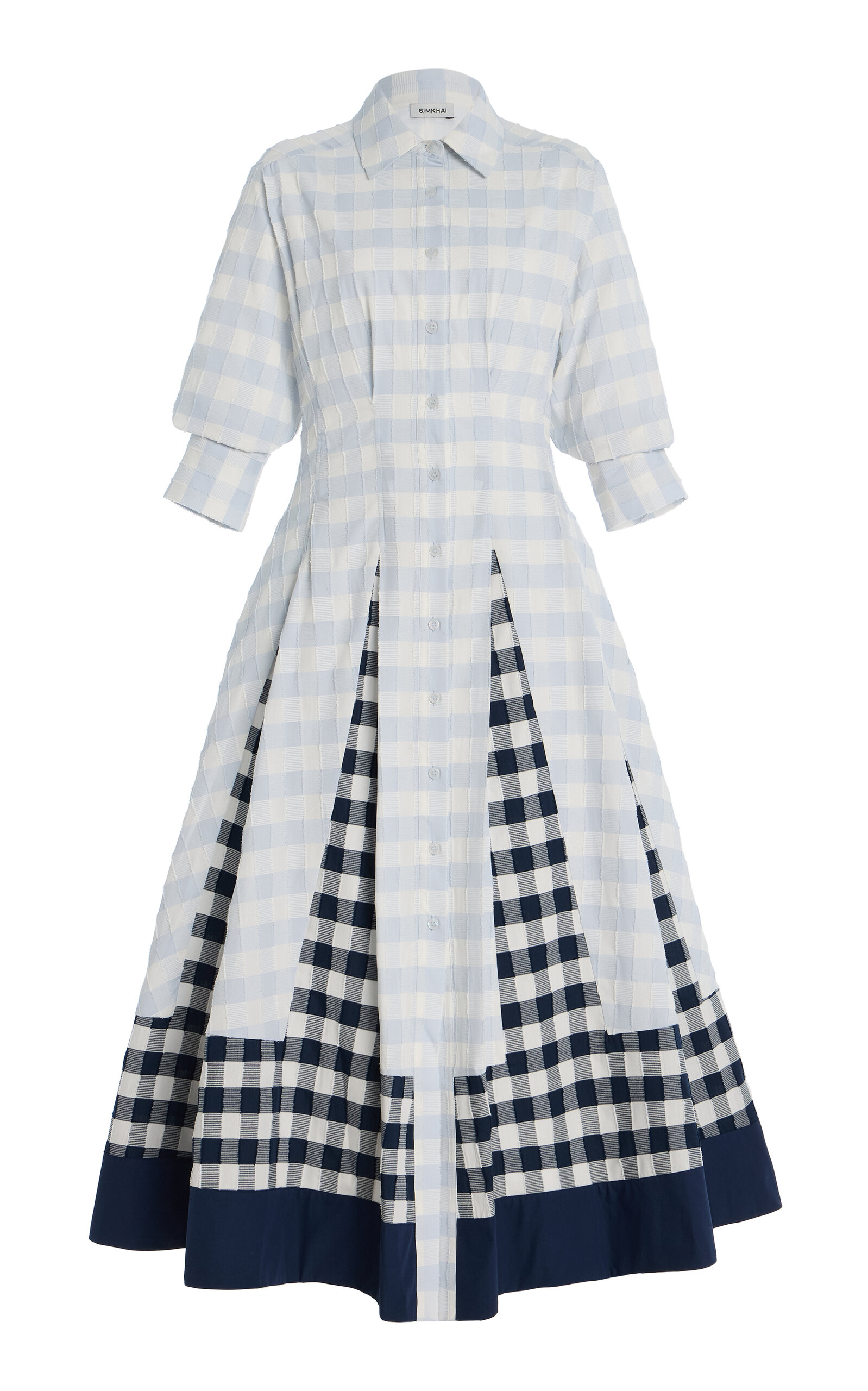 SIMKHAI Jazz Pintucked Gingham Cotton Midi Shirt Dress - Blue - XS