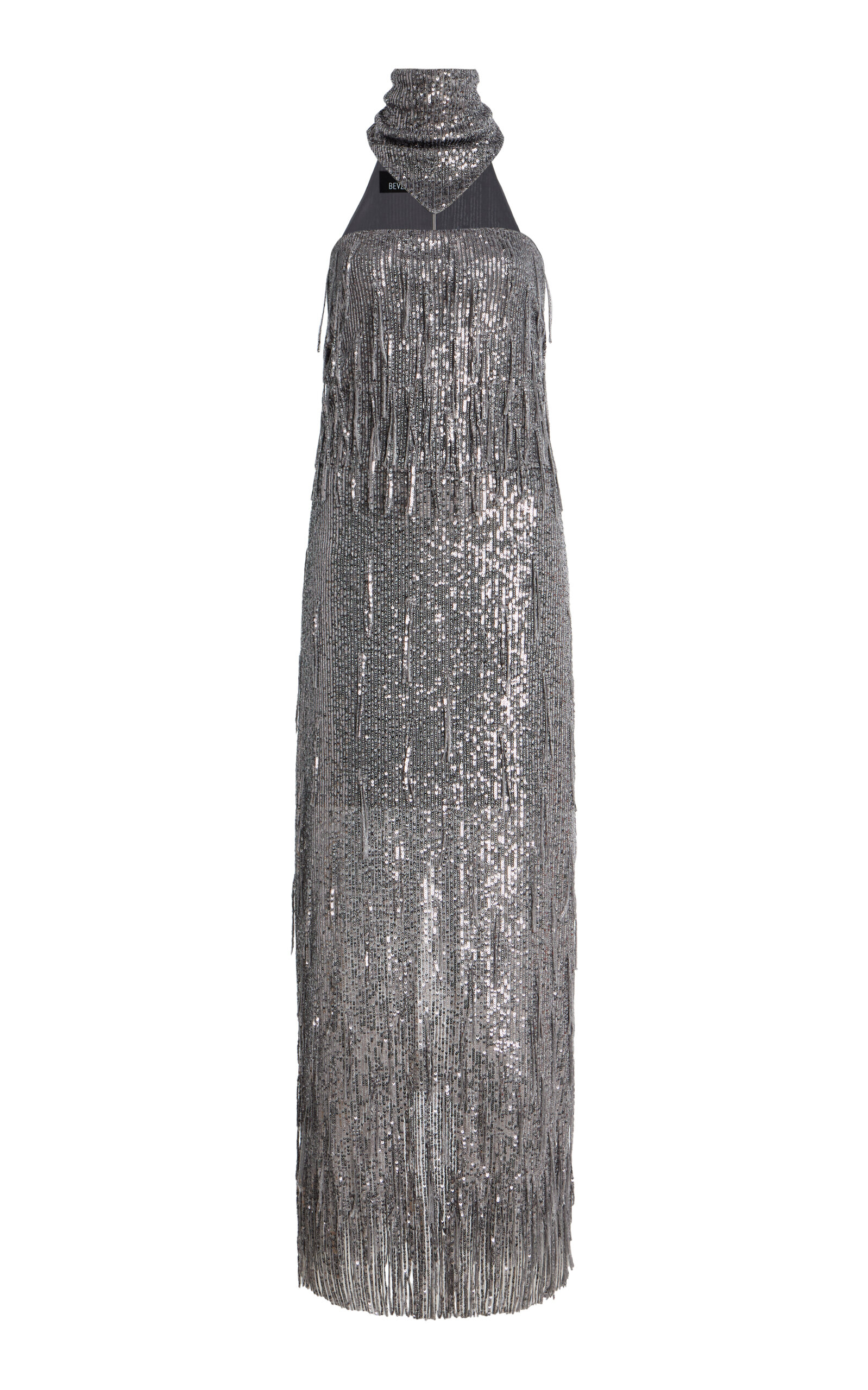 Bevza Sunbeams Scarf-neck Fringed Sequined Maxi Dress In Gray