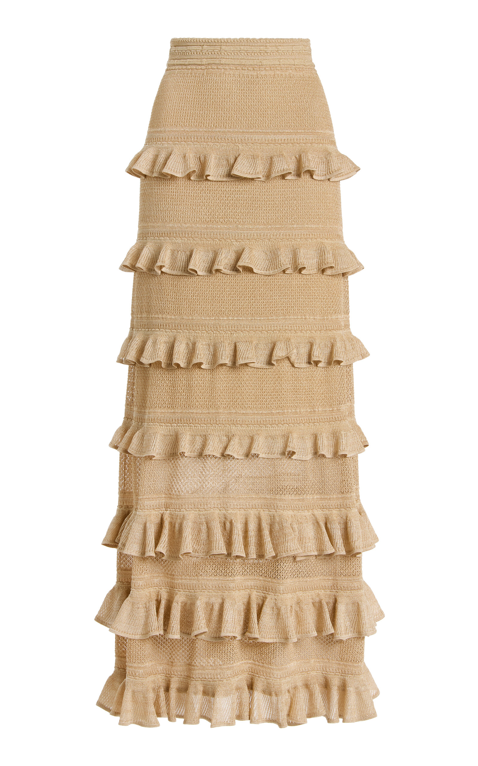 Hypnotic Ruffled Metallic Lace Midi Skirt