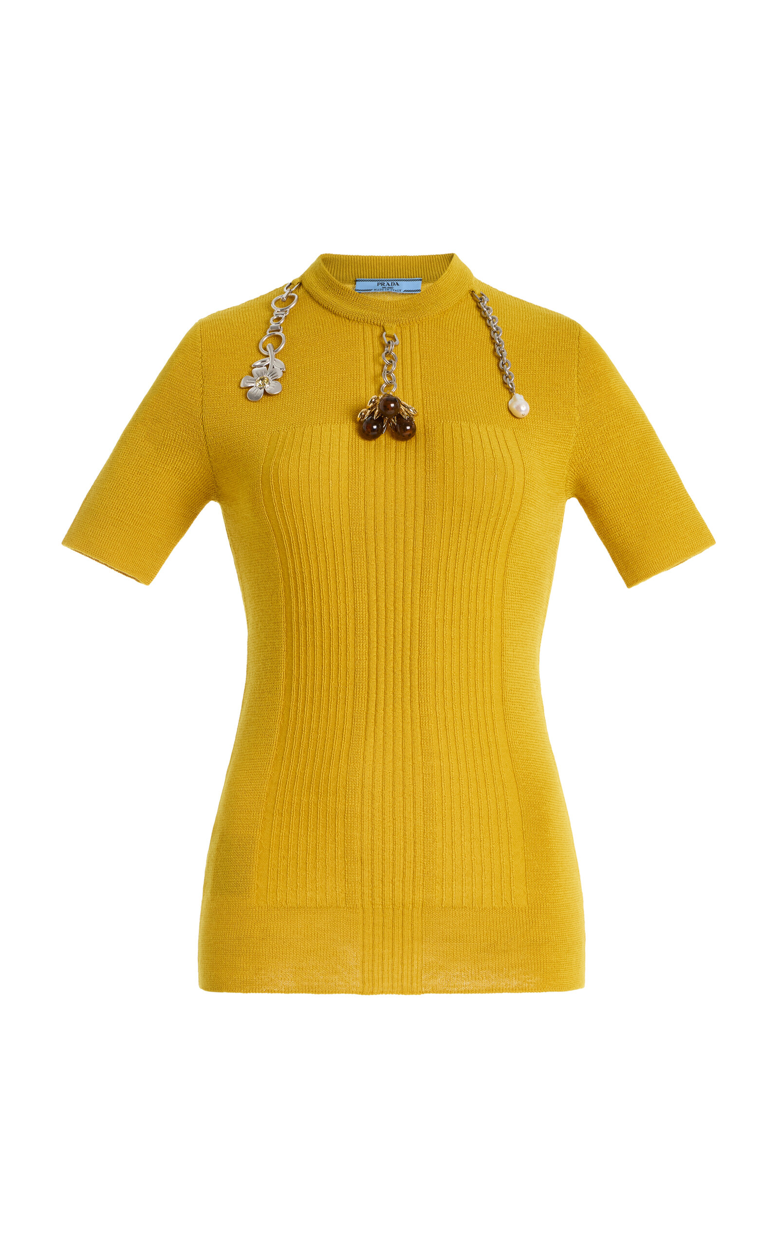 Prada Chain Embroidered Wool Knit Short-sleeve Sweater In Yellow