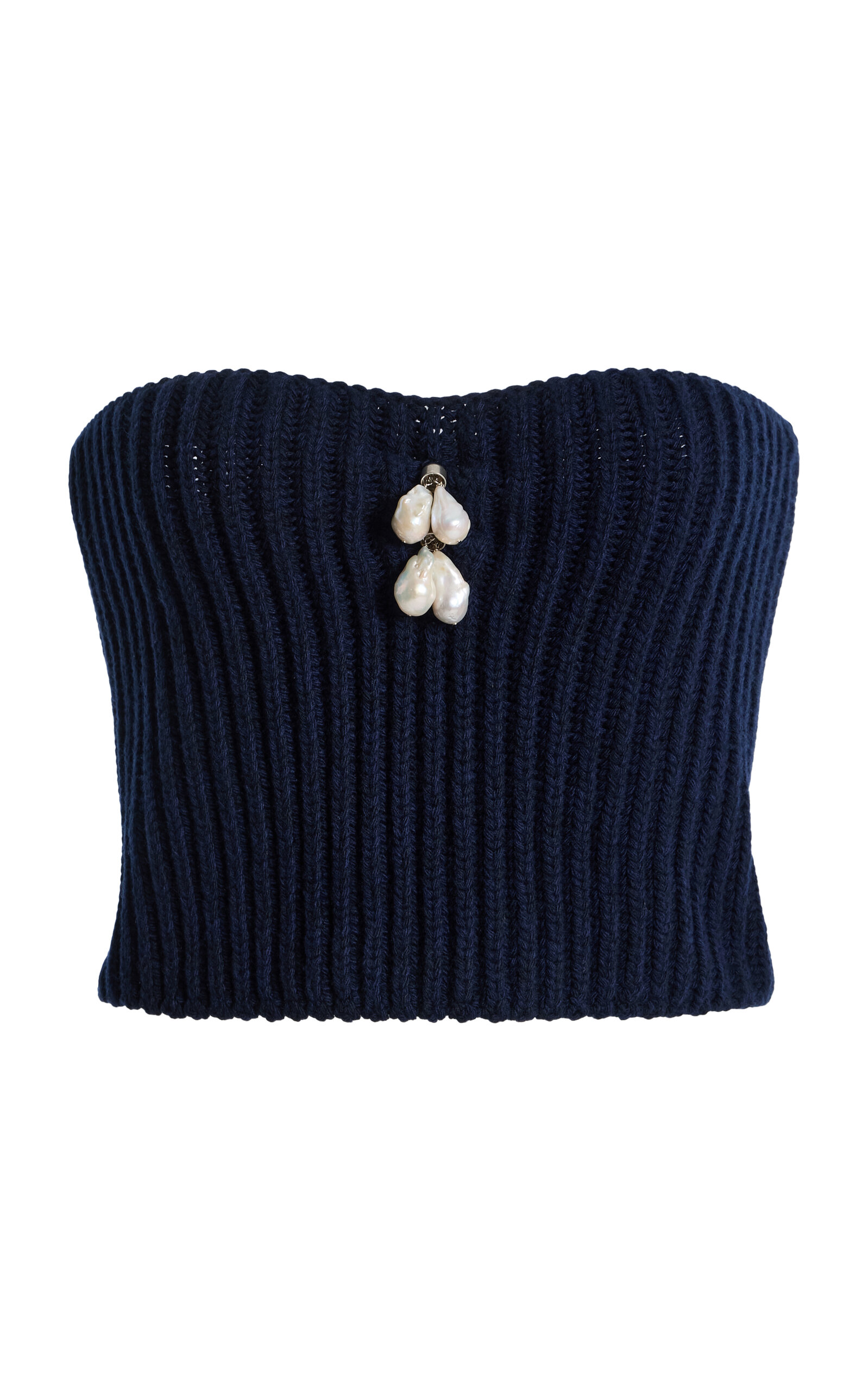 Prada Pearl-embellished Knit Wool-cashmere Bustier Top In Blue