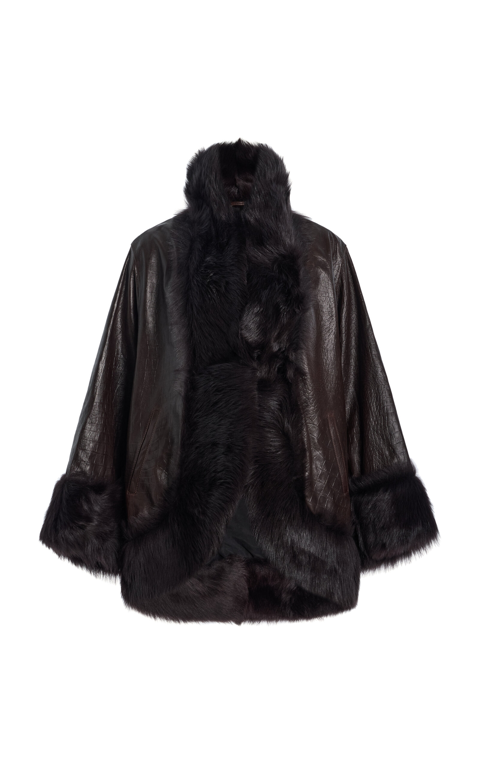Nour Hammour Sabine Shearling-trimmed Croc-effect Leather Coat In Brown