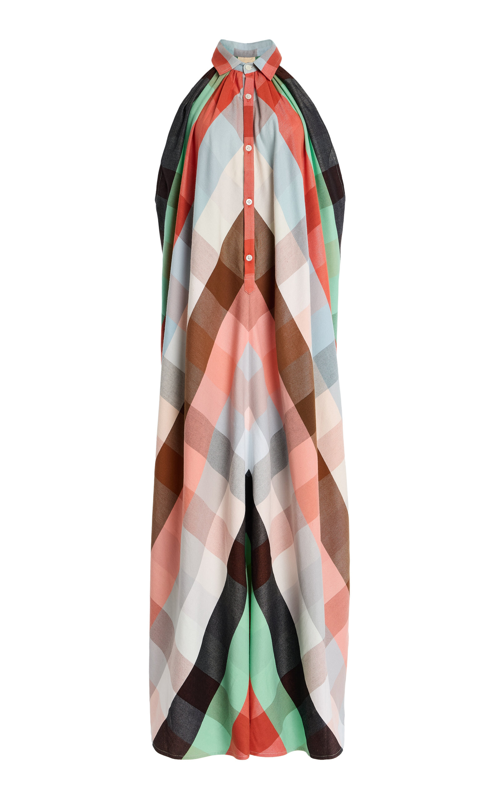 Marrakshi Life The Halter Collared Plaid Cotton Maxi Dress In Multi