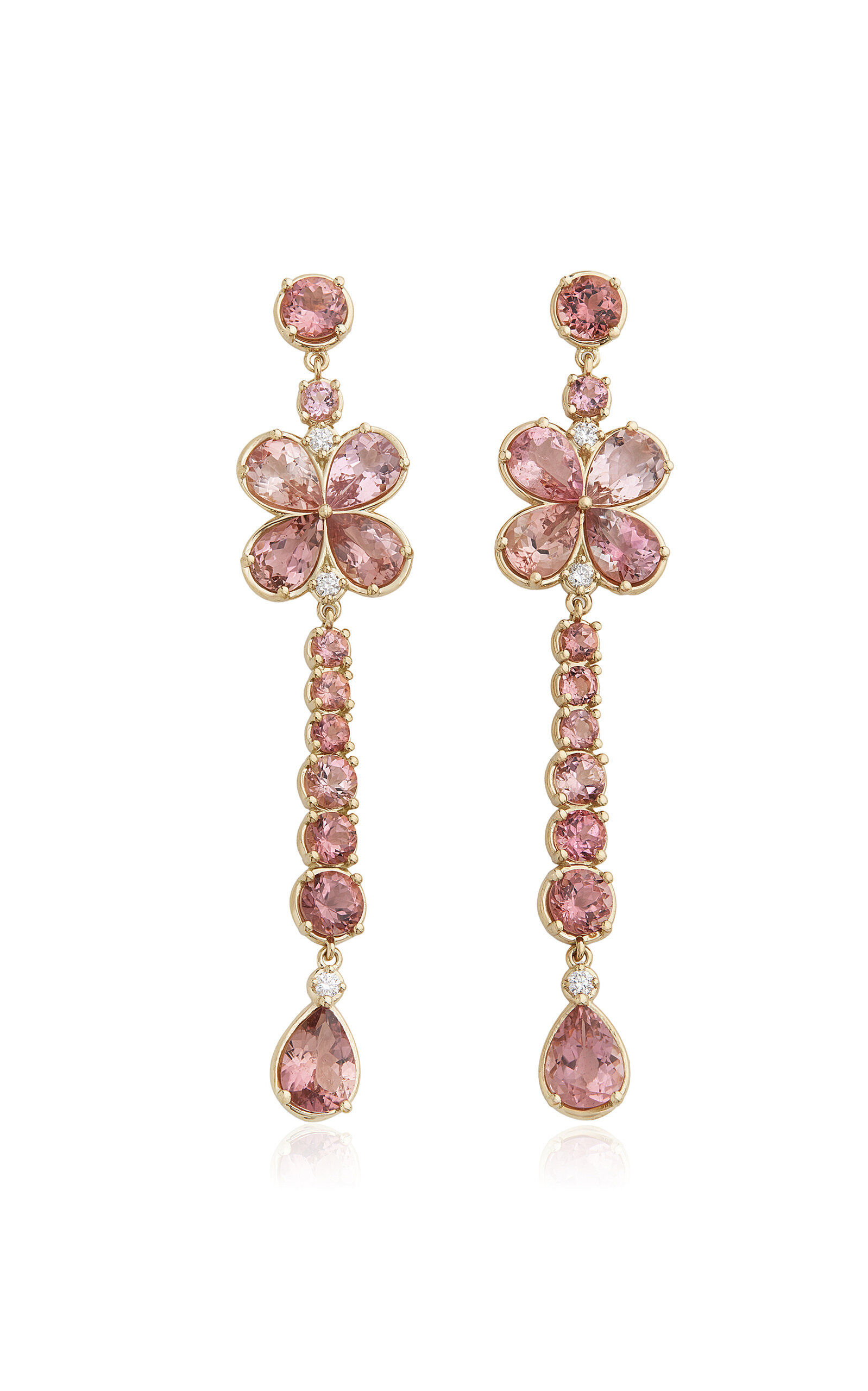 Long Floral 18K Yellow Gold Diamond And Tourmaline Earring