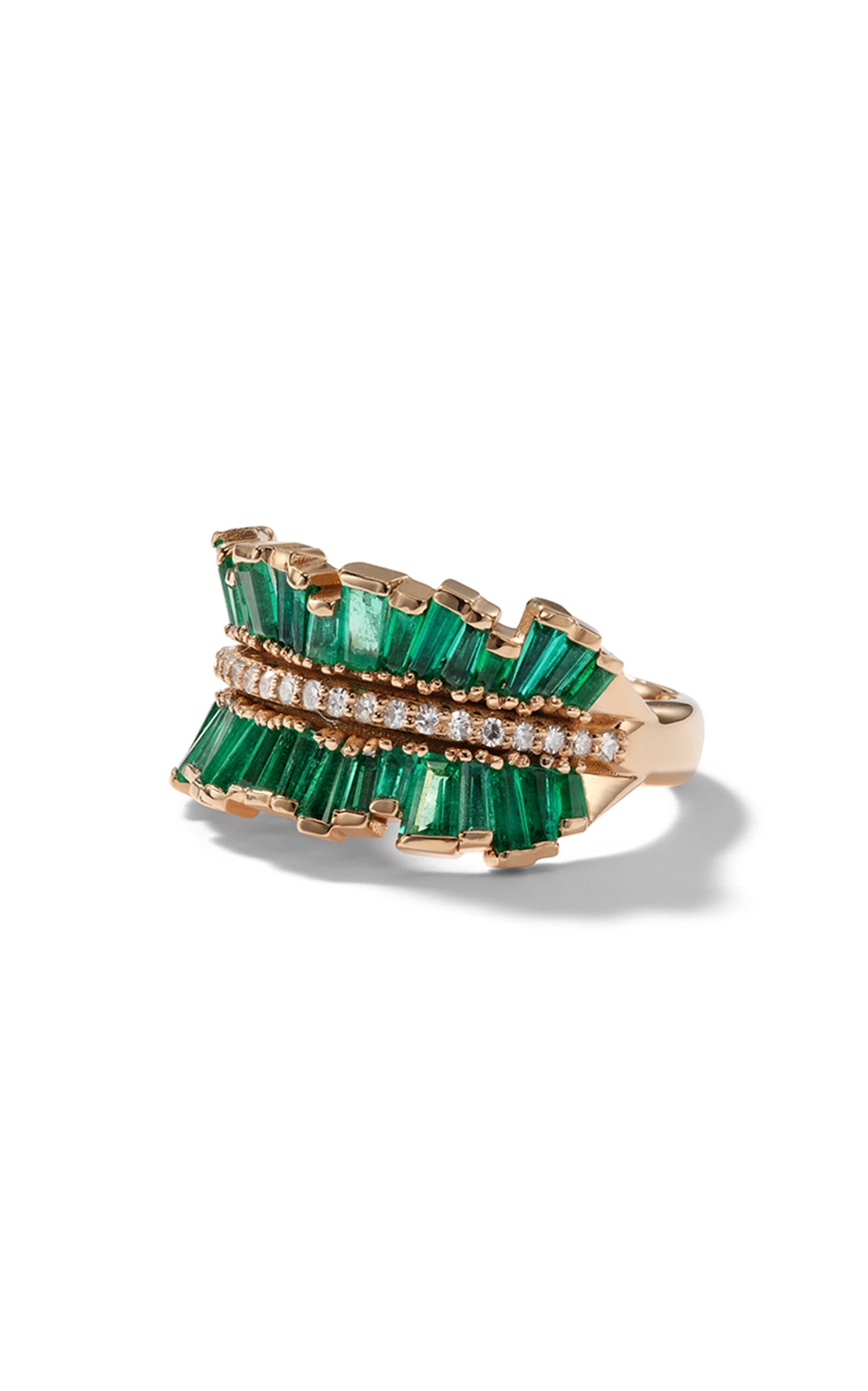 Nak Armstrong Double Ruched Ribbon 20k Rose Gold Emerald And Diamond Ring