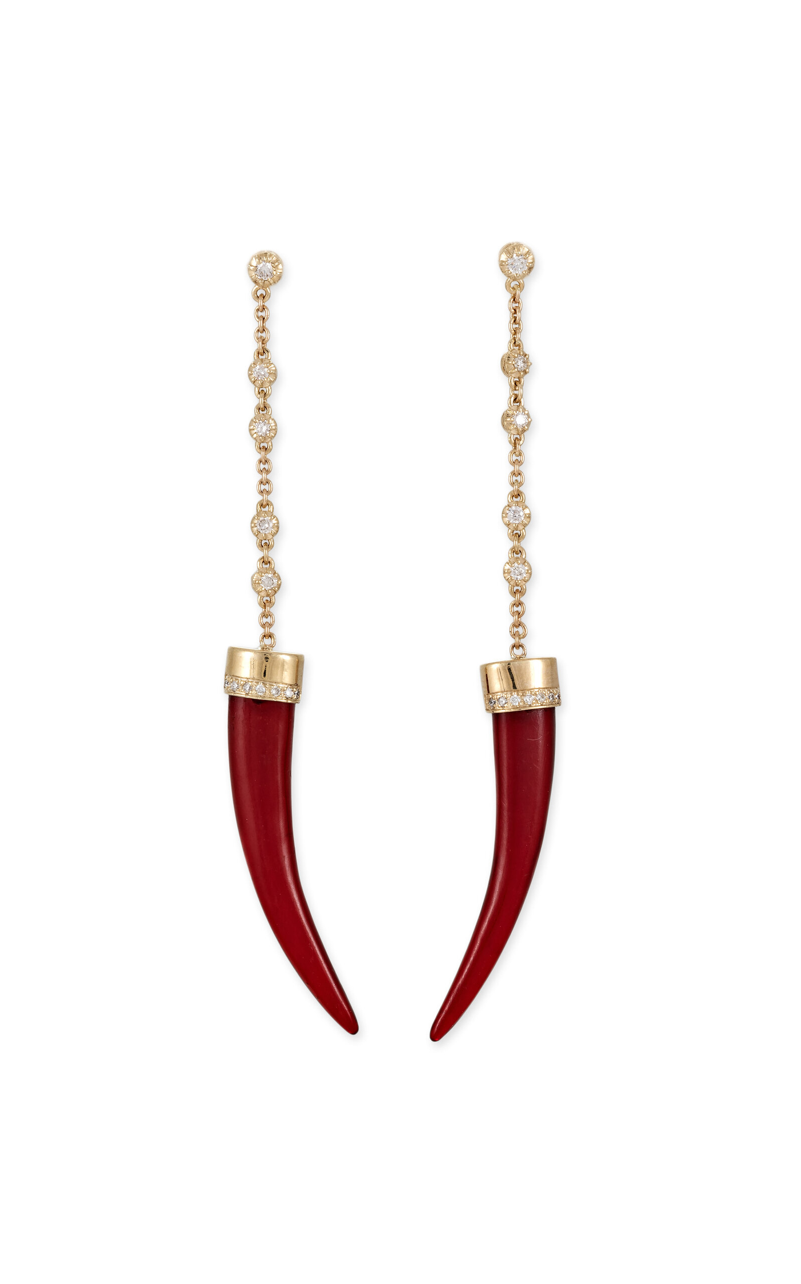 JACQUIE AICHE 14K YELLOW GOLD 5 SOPHIA DIA + 1 PAVE ROW RED HORN DROP STUDS