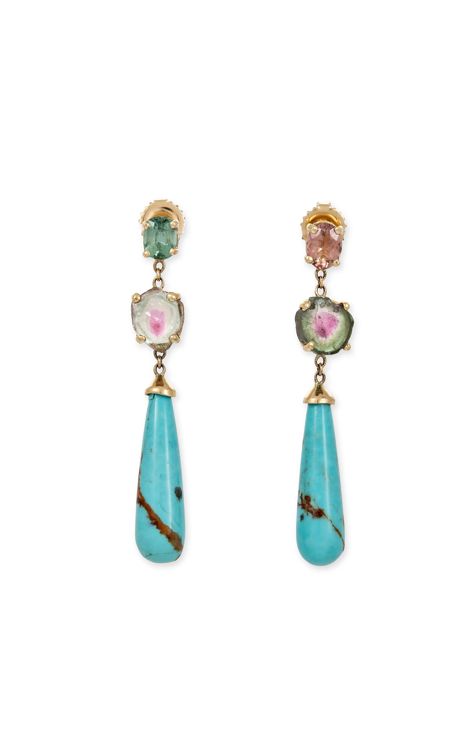 14K Yellow Gold Small Assorted Tourmaline + Turquoise Droplet Stud Earrings