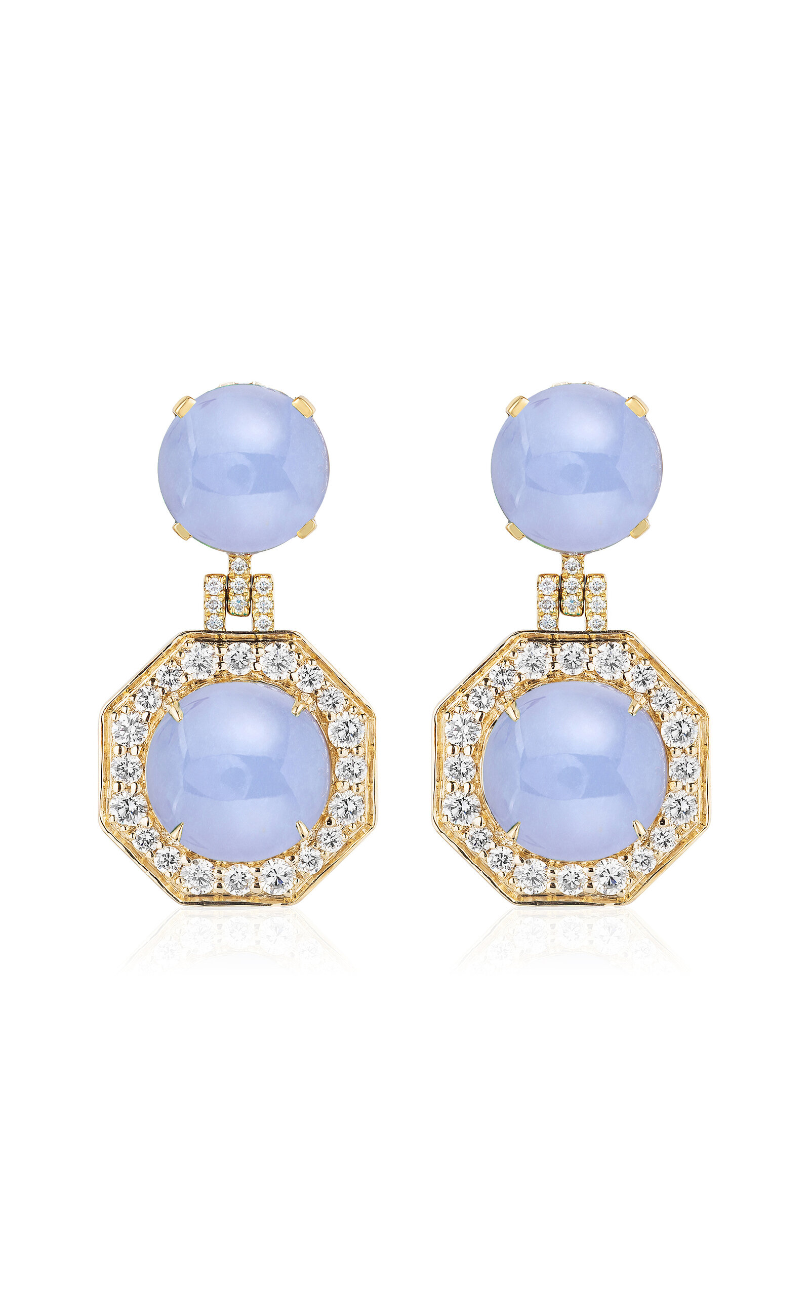 18K Yellow Gold Blue Chalcedony Cabochon Earrings