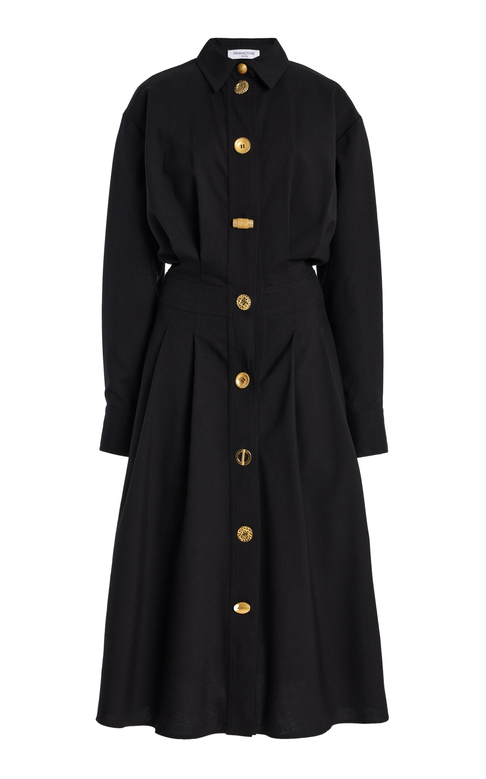 Franãoise Olivia Pleated Wool Midi Shirt Dress In Black