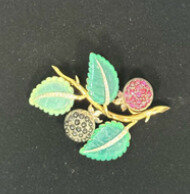 Blu Dog World Brooch; Retro; C. 1940; 14k Yellow Gold; Ruby; Onyx; Diamond And Chrysoprase  Floral