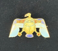 Blu Dog World Brooch; C. 1880; Egyptian Revival Era; 18k Yellow Gold; Carnelian; Enamel; With Original Ancient Sca