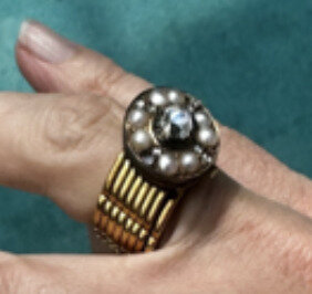 Blu Dog World Ring; Victorian Era; C. 1870; 18k Yellow Gold; Rose-cut Diamond;and Split Pearl Convertible Ring/ Br