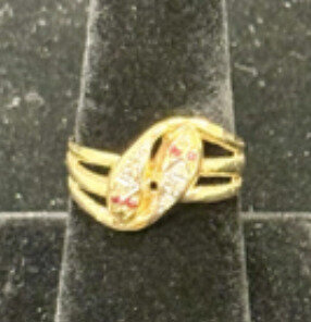 Blu Dog World Ring; Victorian Era; C. 1880; English; 9k Yellow Gold Snake With Diamonds And Rubies