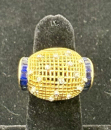 Blu Dog World Ring; Retro; C. 1940; Danish 14k Yellow Gold “bombe” Ring With Caliber-cut Sapphiress And Diamonds W