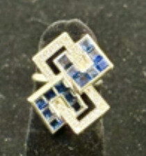 Blu Dog World Ring; Art Deco; C.1925; 18k Yellow Gold; Diamond And Square-cut Sapphire Geometric