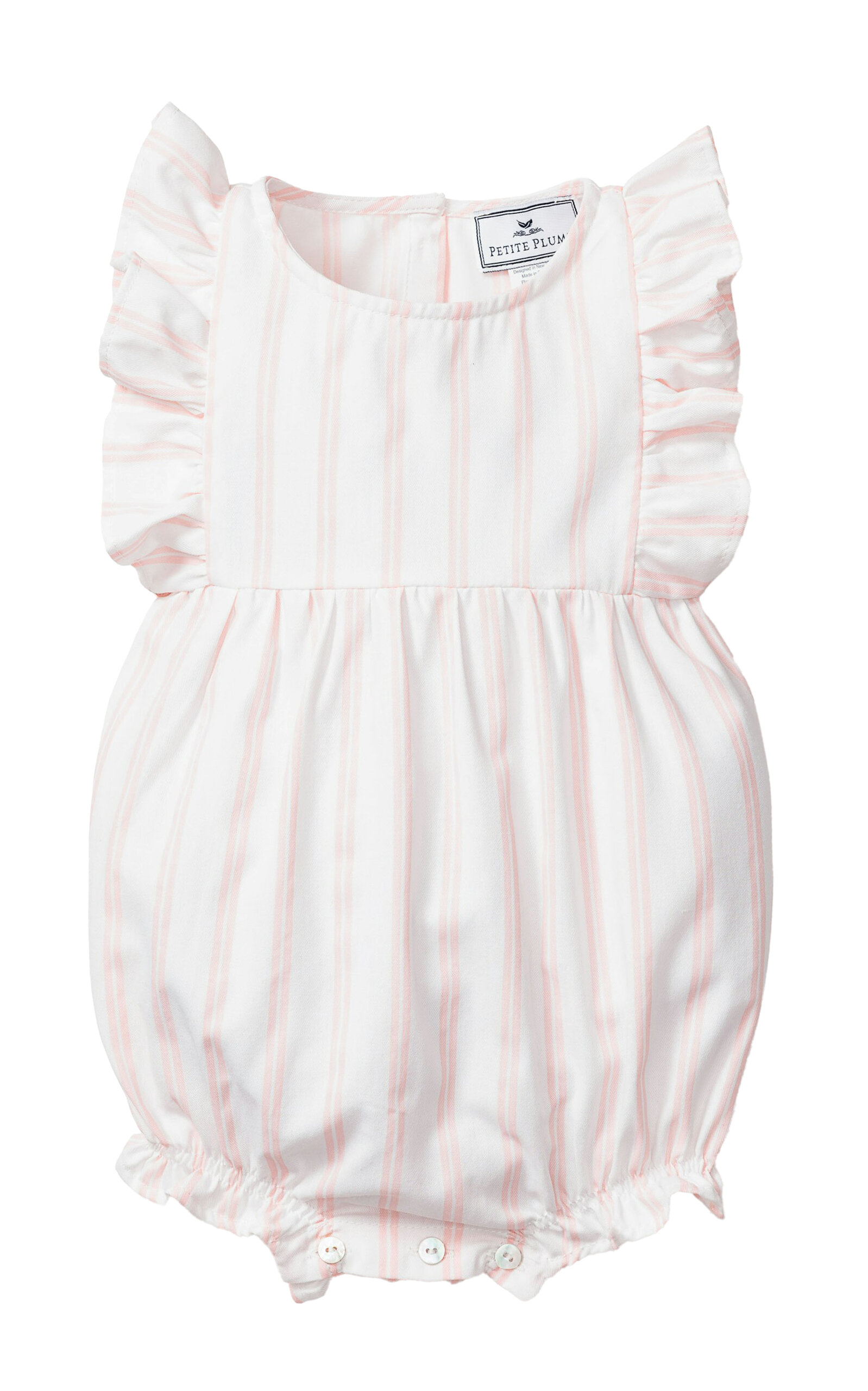 Petite Plume Cotton-Blend Striped Ruffled Romper