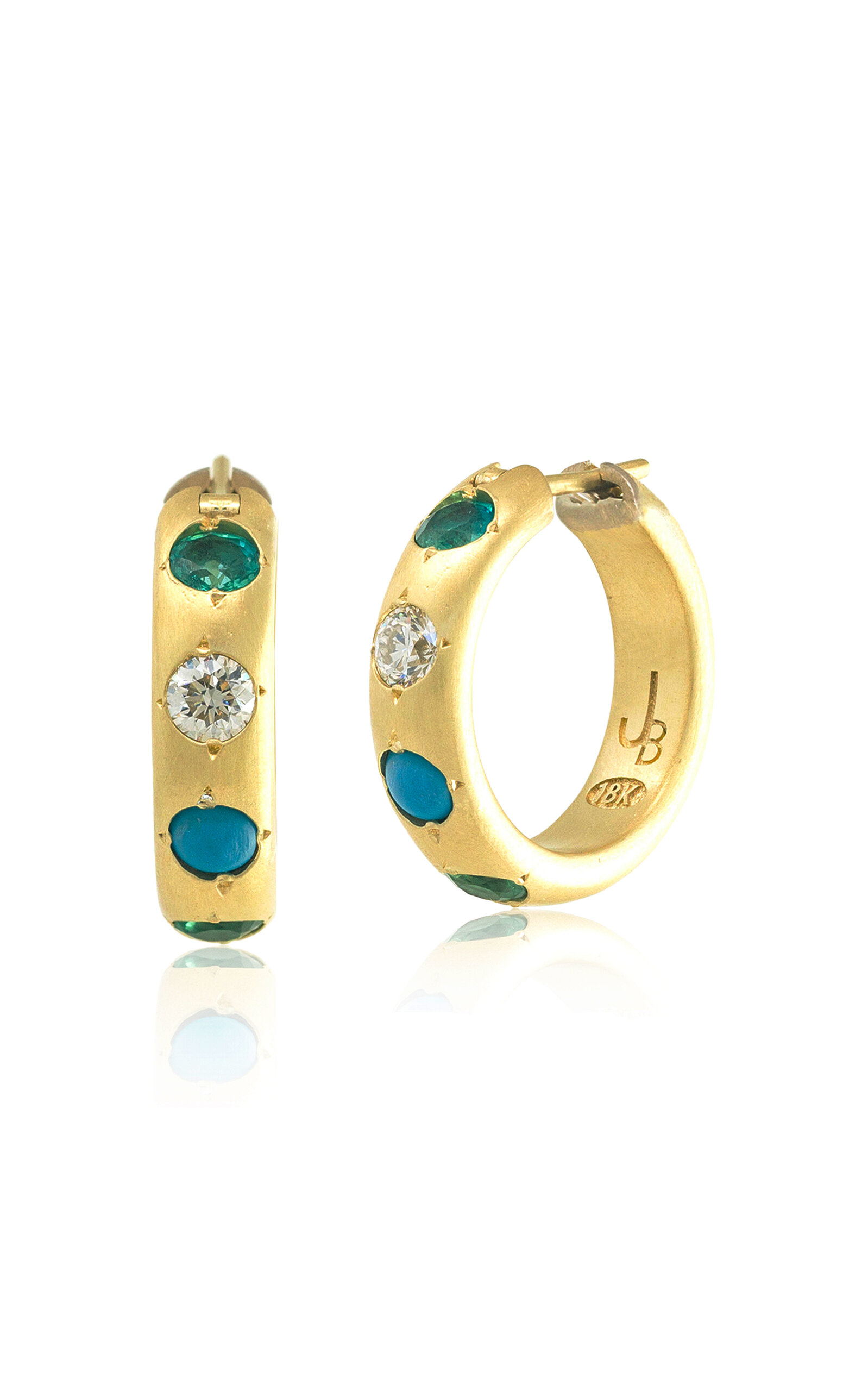 18K Yellow Gold Diamond; Emerald And Turquoise Hoop Earrings