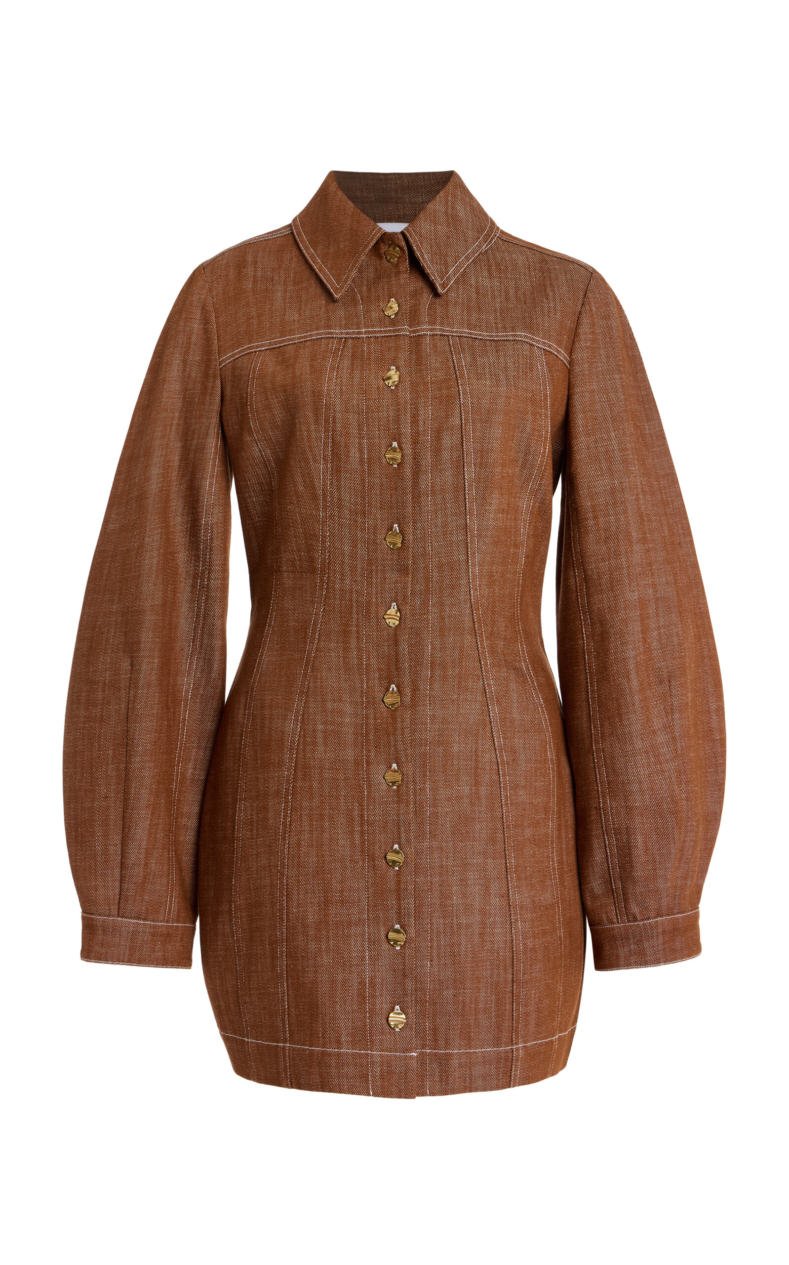 Matthew Bruch Mutton-Sleeve Denim Mini Dress - Brown