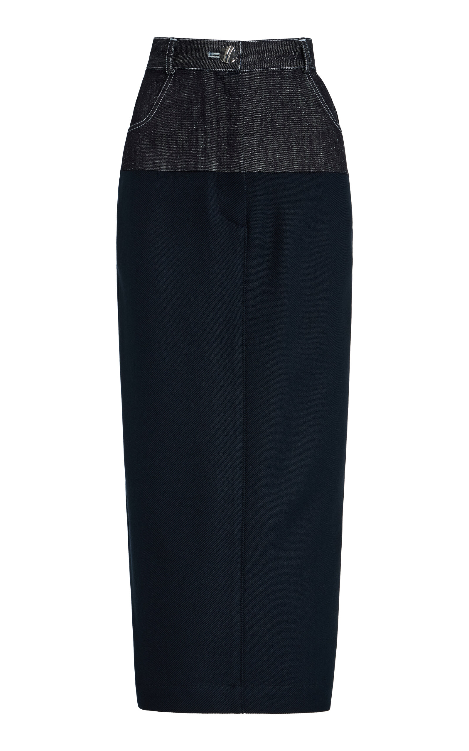 Matthew Bruch Denim Combo Midi Skirt In Blue