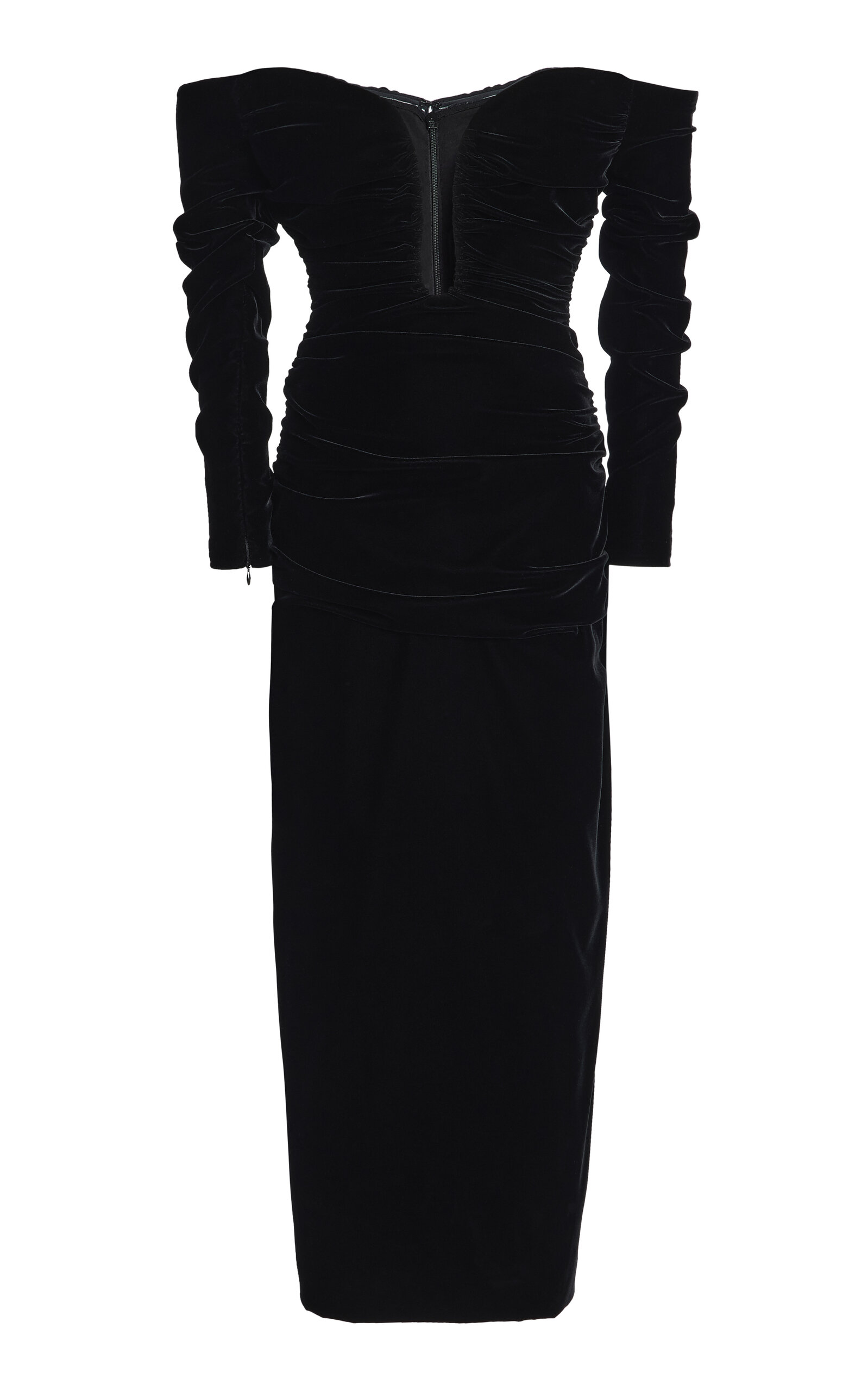 Carolina Herrera Ruched Off-The-Shoulder Stretch Velvet Midi Dress
