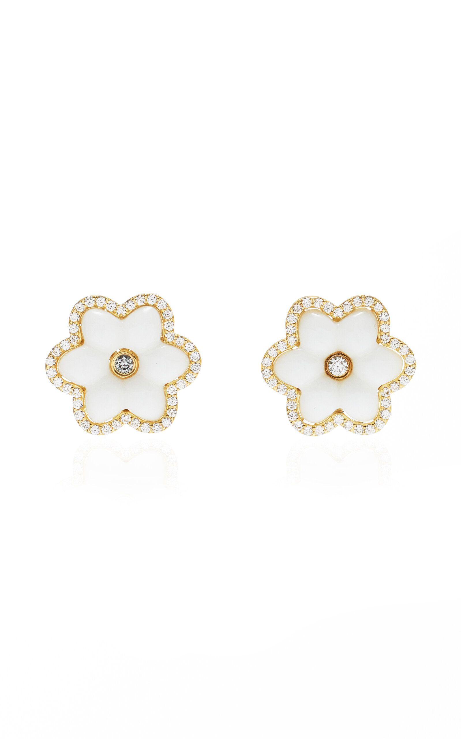 Ashley McCormick 18K Yellow Gold Pave Diamond Agate Stud Earrings - White - OS - Moda Operandi